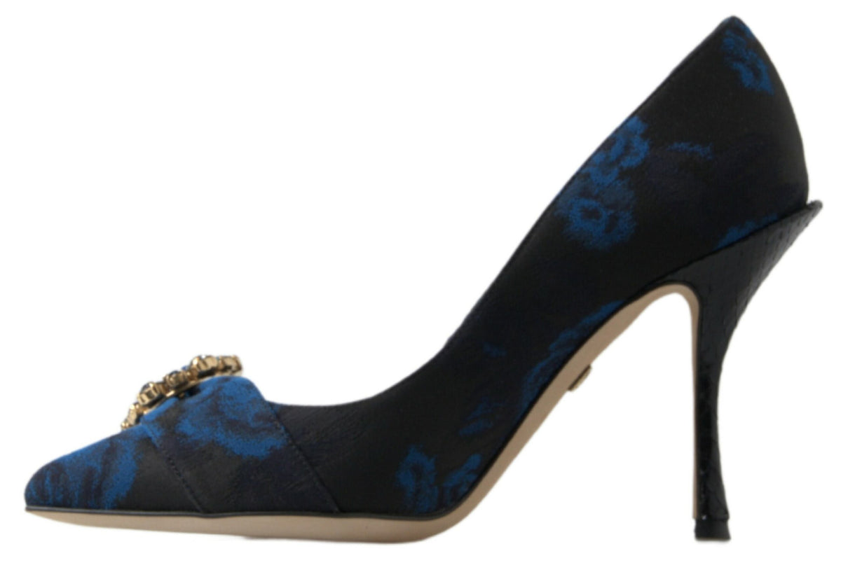 Indulge in the exquisite Dolce & Gabbana Blue Floral Ayers Crystal Pumps, where artisanal craftsmanship meets luxurious materials for an enchanting statement of elegance.