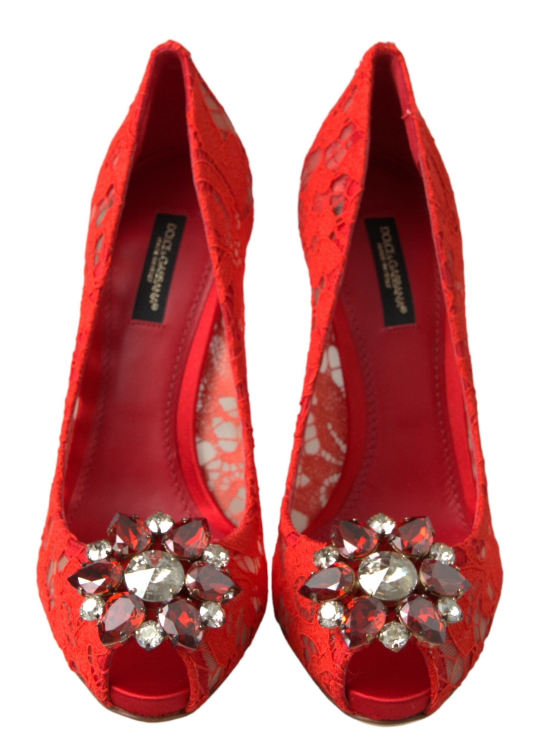 Dolce & Gabbana Red Taormina Lace Crystal Heels Pumps