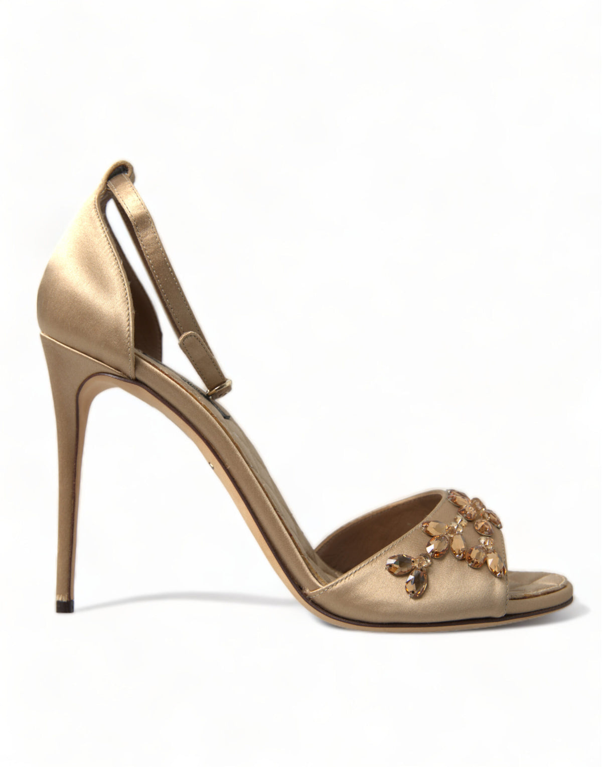 Indulge in the exquisite Dolce & Gabbana Gold Satin Ankle Strap Crystal Sandals, where luxurious silk and viscose unite in a masterpiece of Italian craftsmanship, perfect for unforgettable moments.