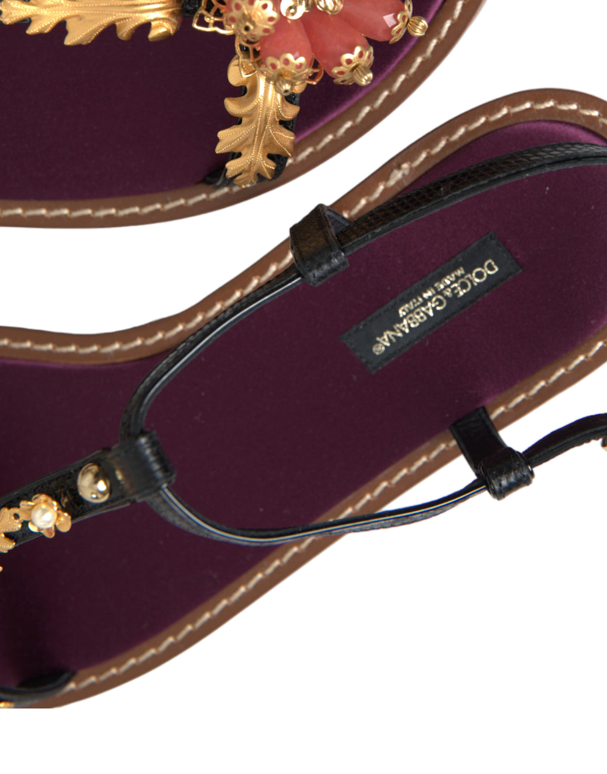 Elevate your style with Dolce & Gabbana Black Crystal Gold Sandals, crafted from premium leather and adorned with exquisite pink stone crystals, embodying timeless luxury and Italian artistry.