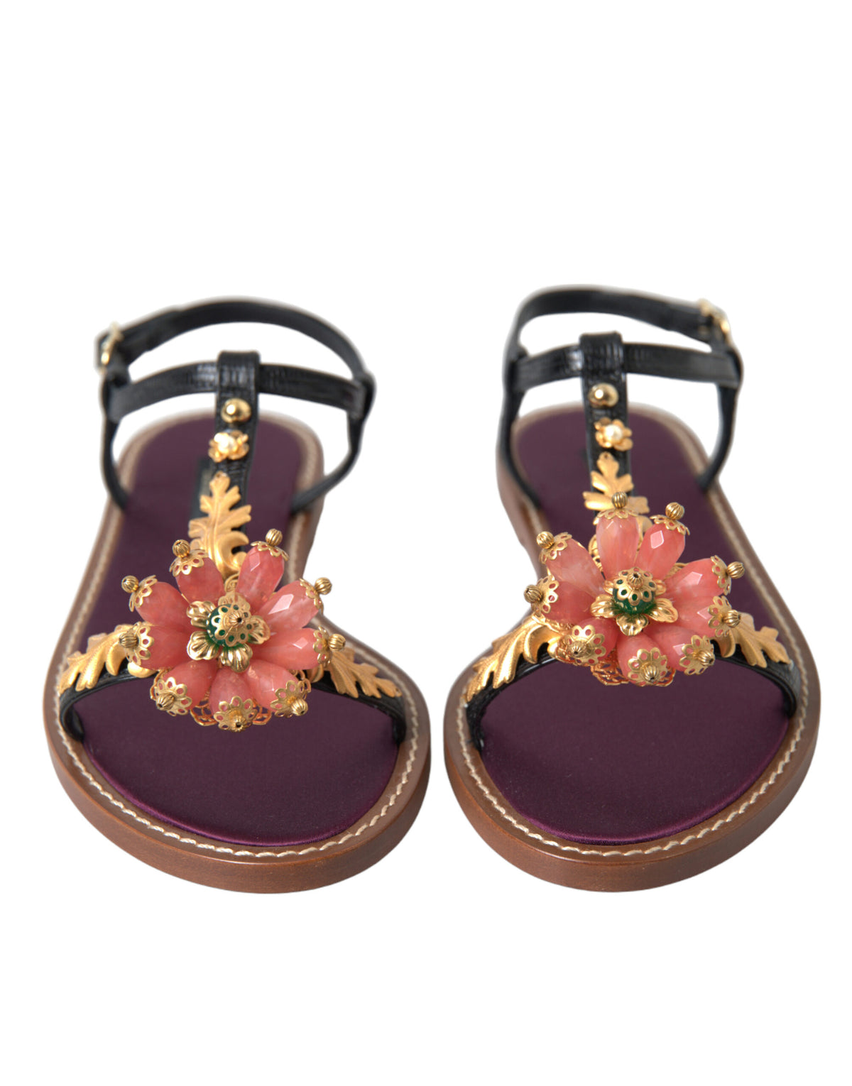 Step into a world of elegance with Dolce & Gabbana Black Crystal Gold Sandals, crafted from premium leather and adorned with exquisite pink stone crystals, embodying timeless luxury.