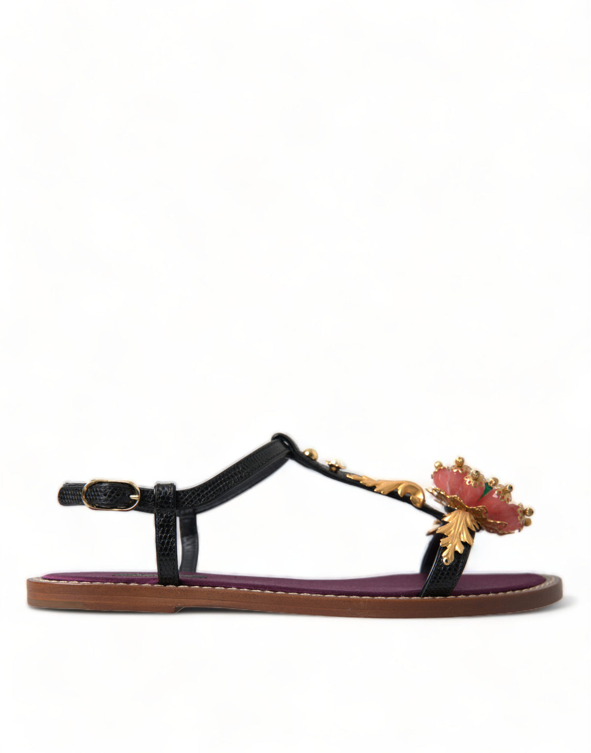 Elevate your style with Dolce & Gabbana Black Crystal Gold Sandals, crafted from premium leather, embodying exquisite Italian artistry and timeless luxury.