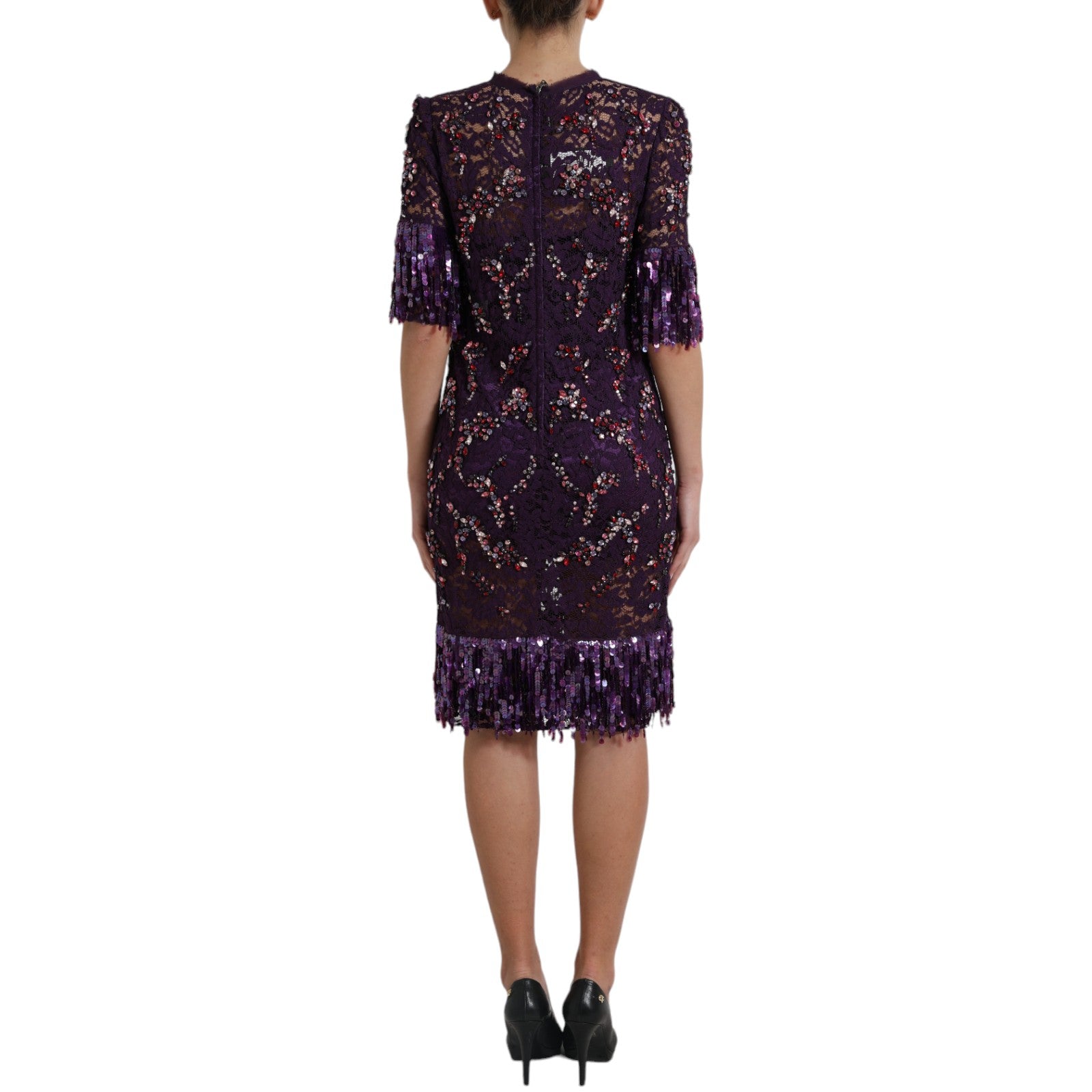 Elevate your elegance with the Dolce & Gabbana Purple Floral Lace Crystal Embedded Dress, a masterpiece of Italian craftsmanship and luxurious design, perfect for unforgettable moments.