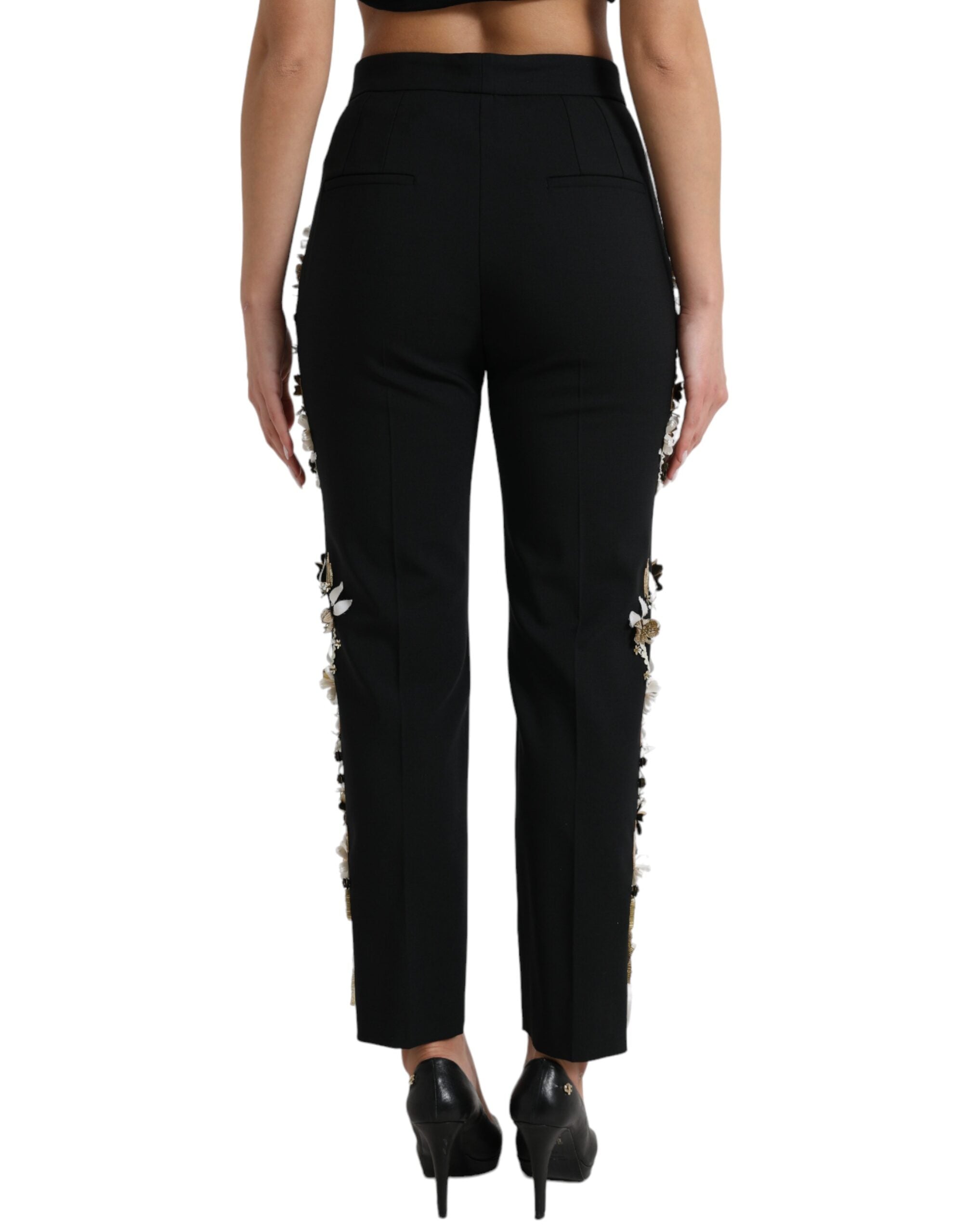 Dolce & Gabbana Black Floral Applique High Waist Tapered Pants