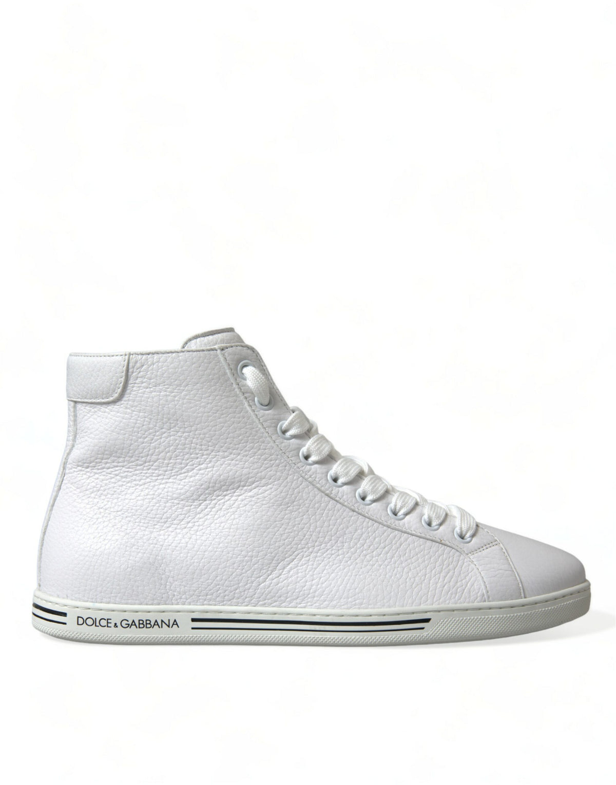Elevate your style with Dolce & Gabbana's White Saint Tropez High Top Sneakers, crafted from premium leather, embodying luxury and sophistication for the discerning individual.