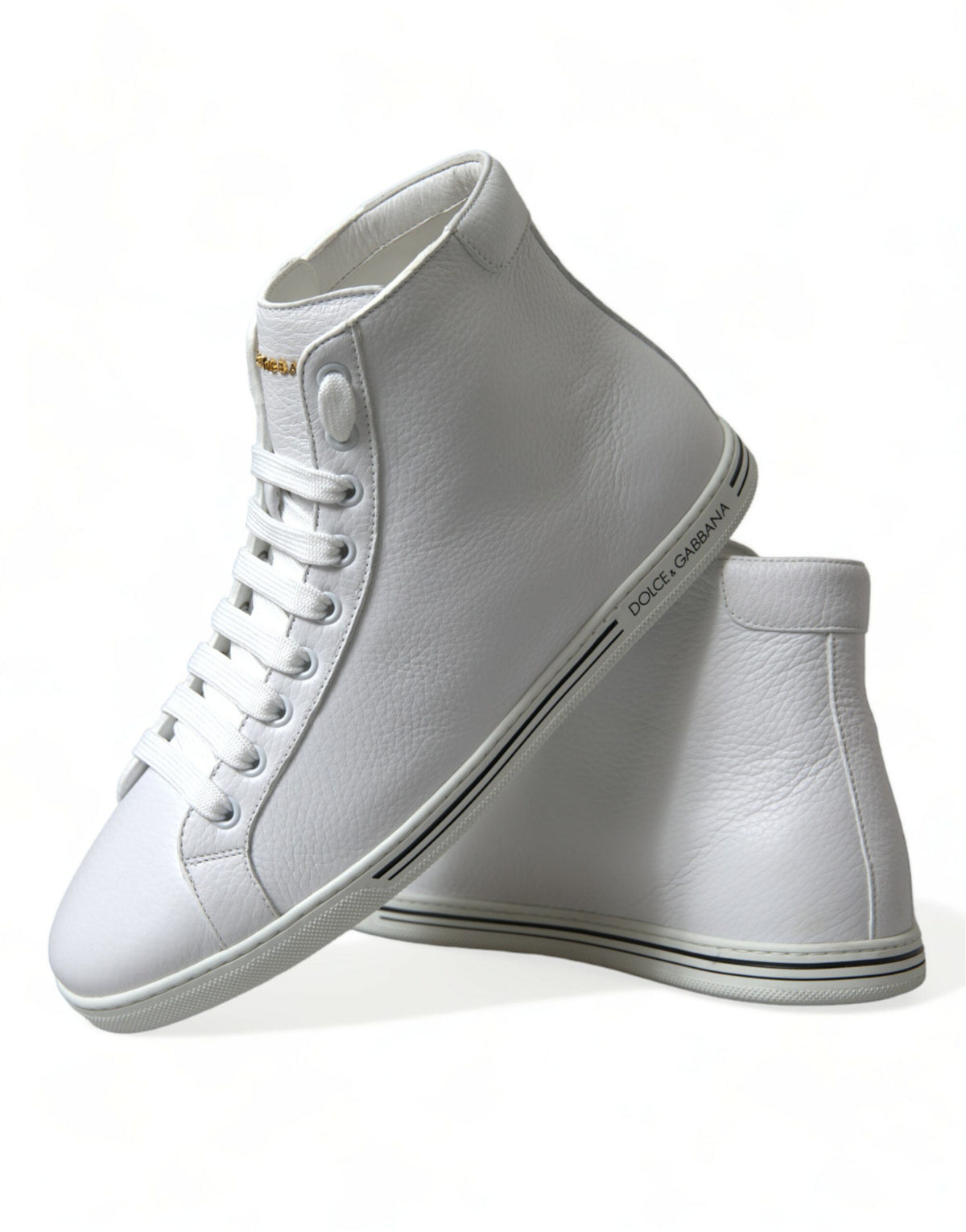 Elevate your style with Dolce & Gabbana's White Saint Tropez High Top Sneakers, crafted from premium leather, embodying timeless luxury and exquisite Italian artistry.