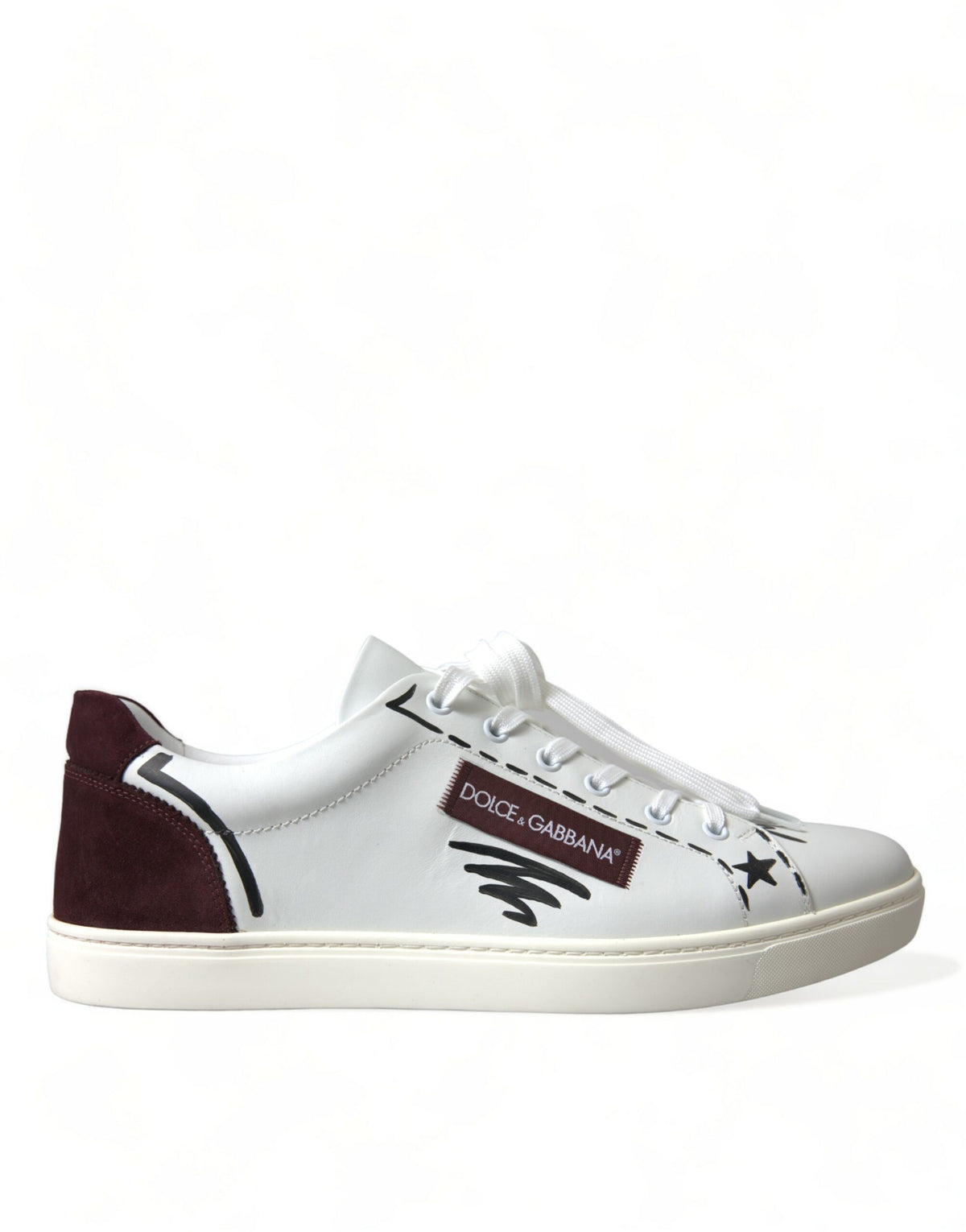 Indulge in the exquisite Dolce & Gabbana White Bordeaux Leather Logo Low Top Sneakers, crafted from premium calf leather for a timeless elegance that defines luxury.