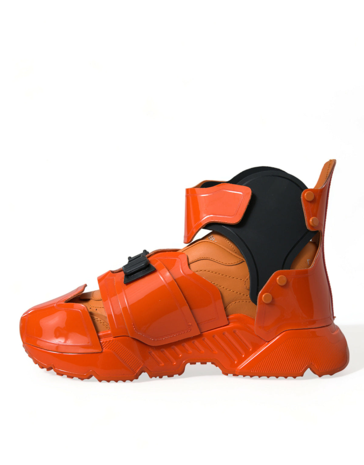 Elevate your style with Dolce & Gabbana's Orange Multi Panel Chunky High Top Sneakers, where exquisite craftsmanship meets bold luxury, perfect for the discerning individual.
