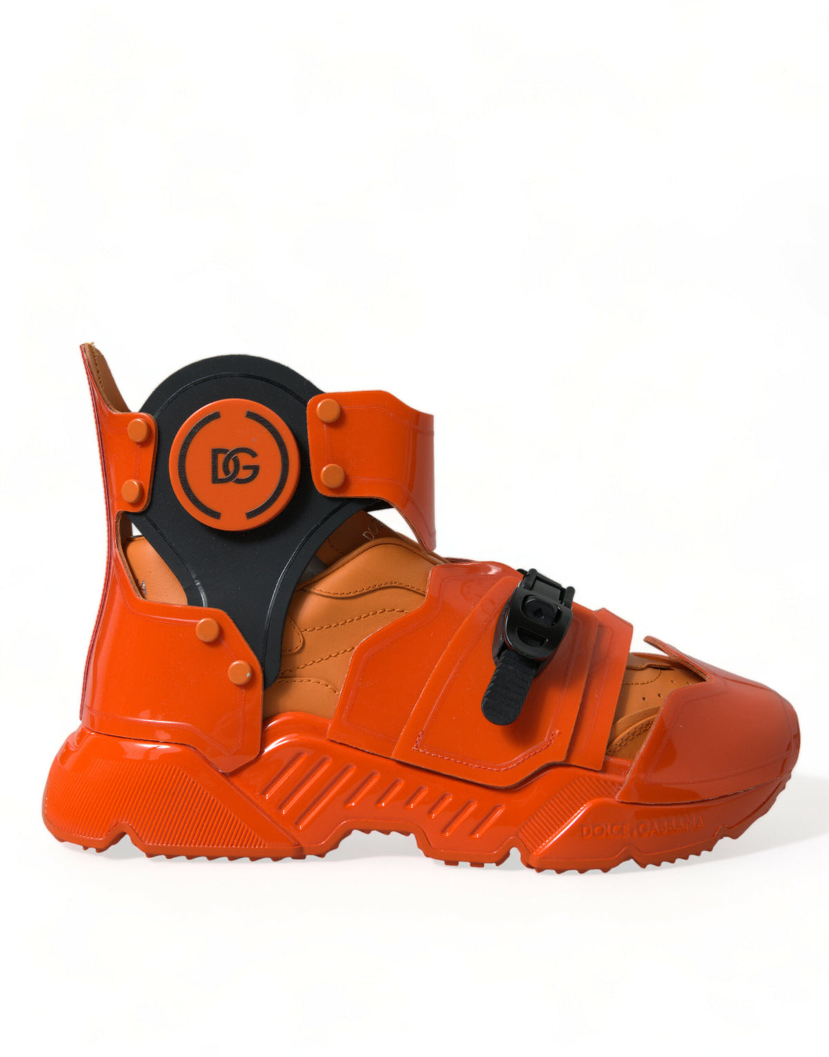 Step into luxury with Dolce & Gabbana's Orange Multi Panel Chunky High Top Sneakers, where exquisite craftsmanship meets bold design for the discerning individual.