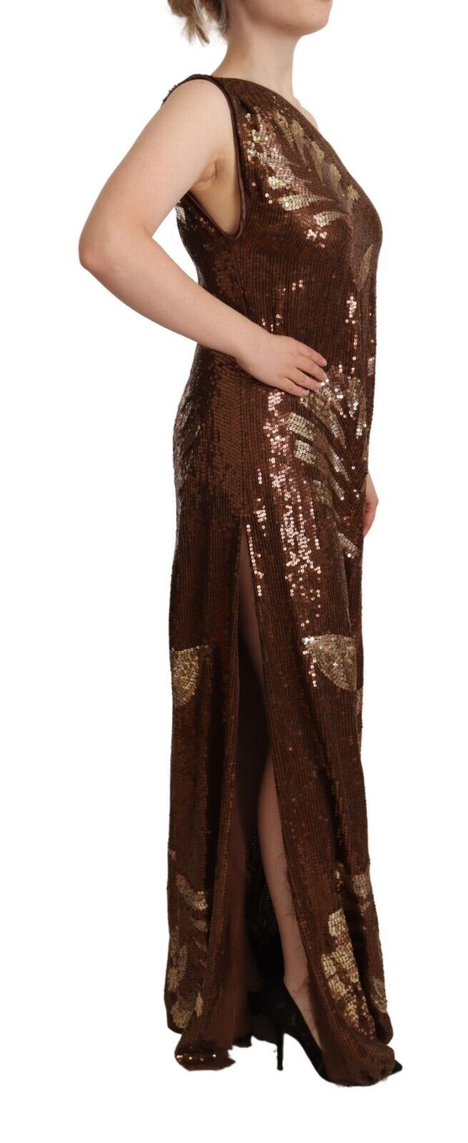 Indulge in the exquisite elegance of the Dsquared² Brown Leaf Sequined Shift One Shoulder Long Dress, a luxurious statement piece that embodies sophistication and allure.