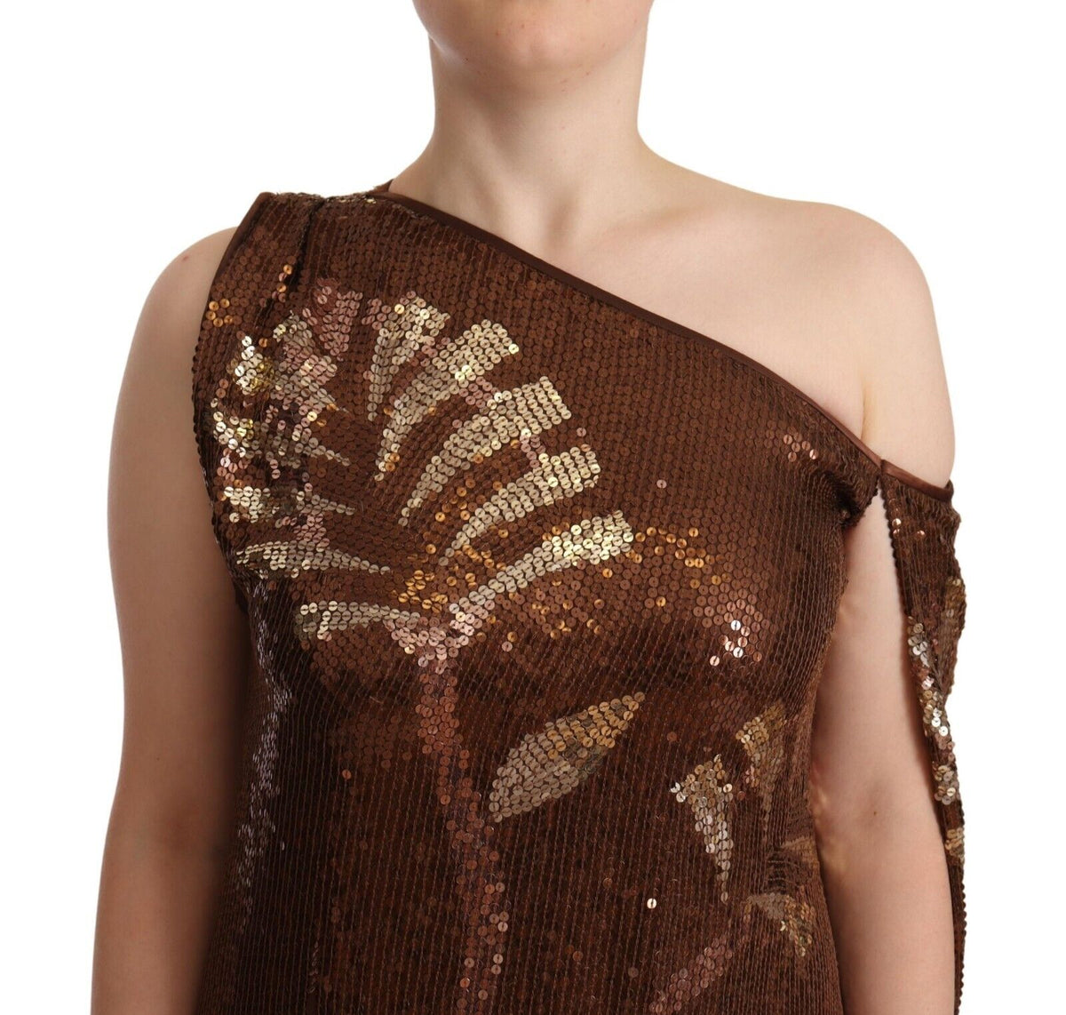 Indulge in the exquisite Dsquared² Brown Leaf Sequined Shift One Shoulder Long Dress, a luxurious blend of elegance and individuality, perfect for unforgettable evenings.