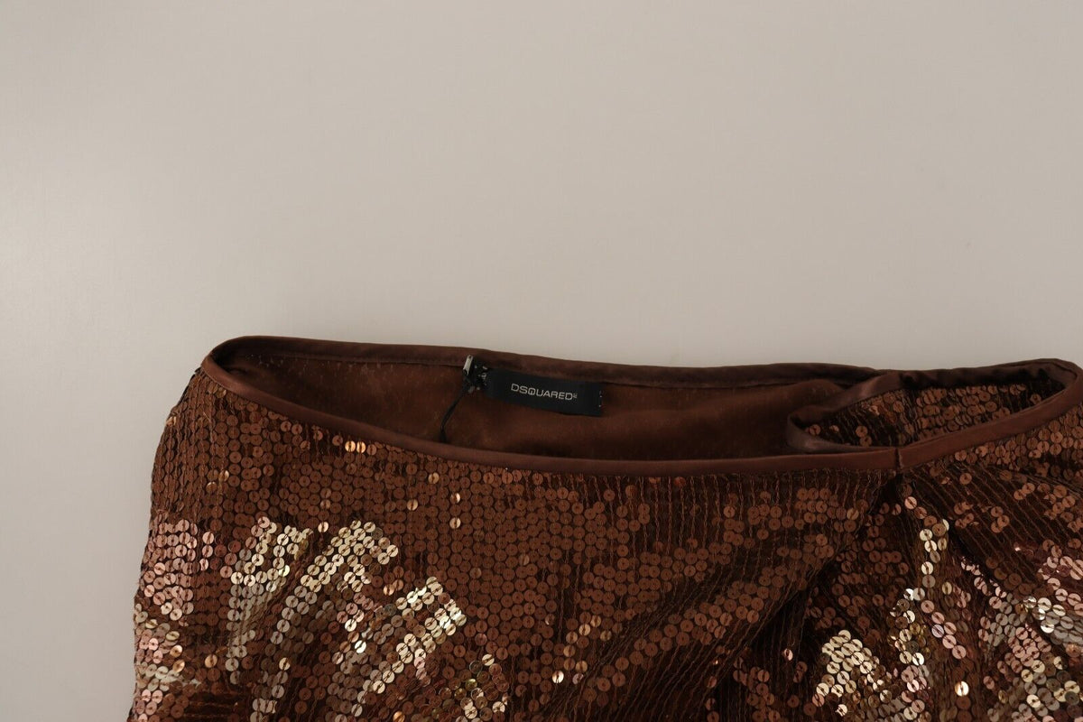 Indulge in the exquisite allure of the Dsquared² Brown Leaf Sequined Shift One Shoulder Long Dress, where luxurious craftsmanship meets captivating elegance for unforgettable evenings.