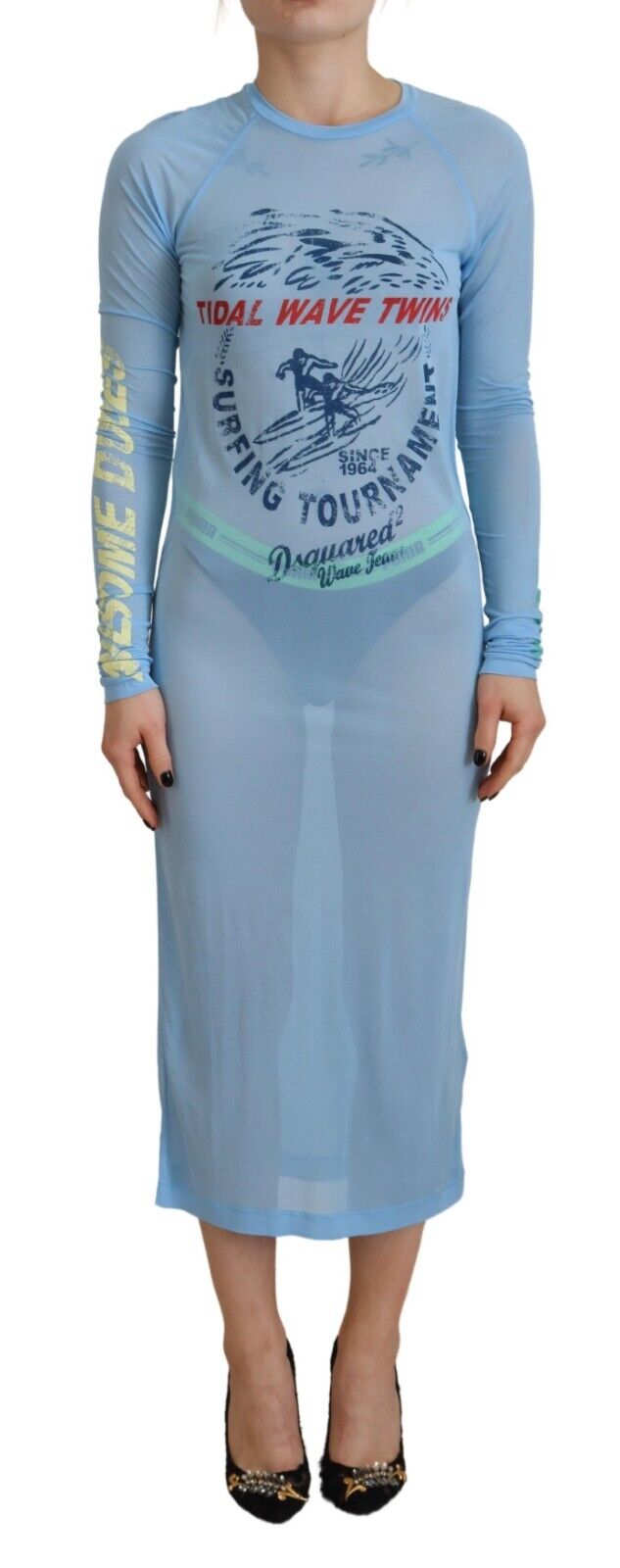 Experience the allure of the Dsquared² Blue Printed Viscose Long Sleeves Cover Up Dress, a masterpiece of luxurious craftsmanship and effortless elegance for the discerning individual.