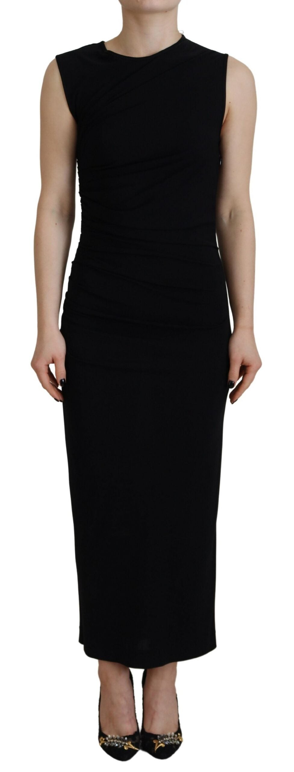 Elevate your elegance with the Dsquared² Black Viscose Sleeveless Ruched Maxi Dress, a timeless masterpiece that embodies luxury and sophistication for every occasion.