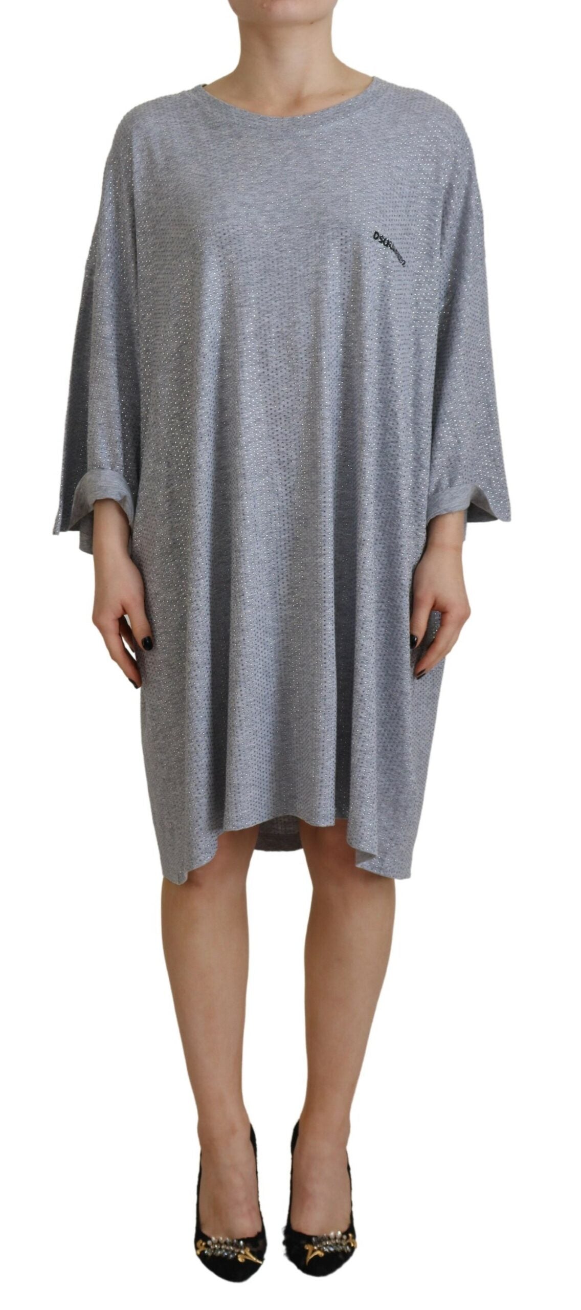 Indulge in the Dsquared² Gray Crystal Embellished Cotton Long Sleeves Dress, where exquisite craftsmanship meets contemporary allure, perfect for the discerning individual.