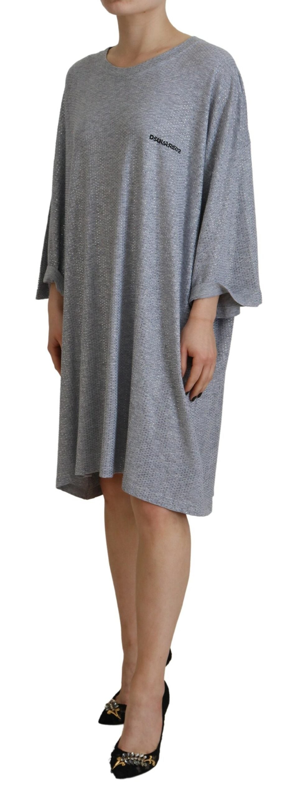 Elevate your wardrobe with the Dsquared² Gray Crystal Embellished Cotton Long Sleeves Dress, where exquisite craftsmanship meets luxurious allure for the modern connoisseur.