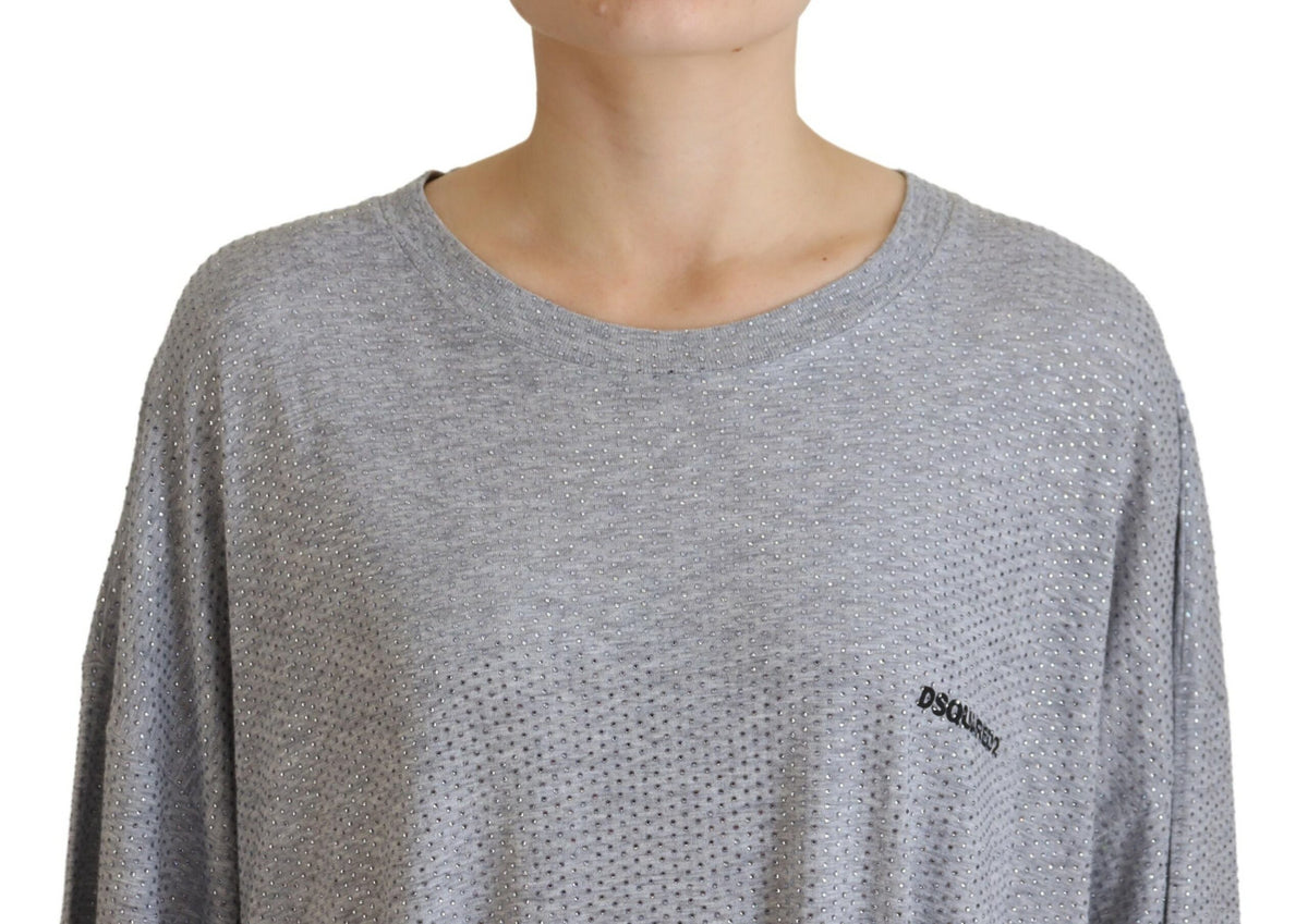 Elevate your wardrobe with the Dsquared² Gray Crystal Embellished Cotton Long Sleeves Dress, a luxurious blend of cotton and viscose that embodies refined elegance and modern sophistication.