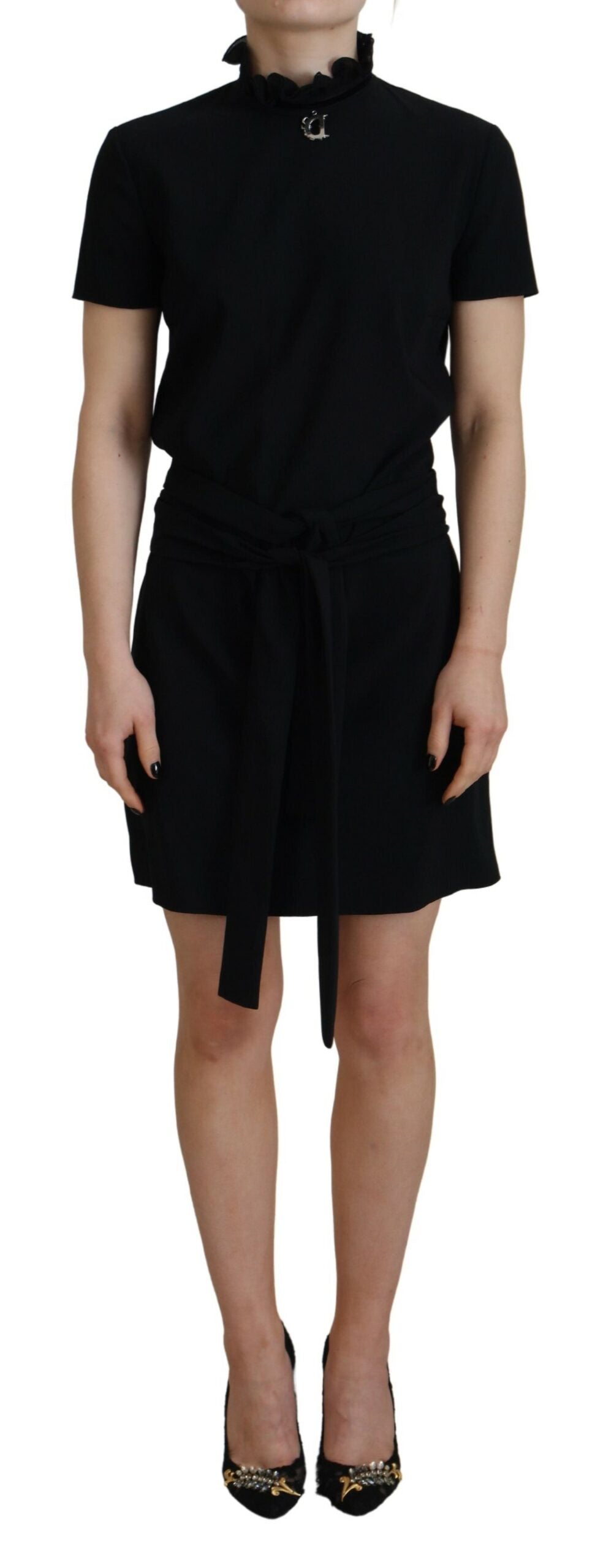 Elevate your elegance with the Dsquared² Black Polyester Short Sleeves Sheath Mini Dress, a masterpiece of haute couture featuring exquisite silk lining and a form-fitting silhouette.