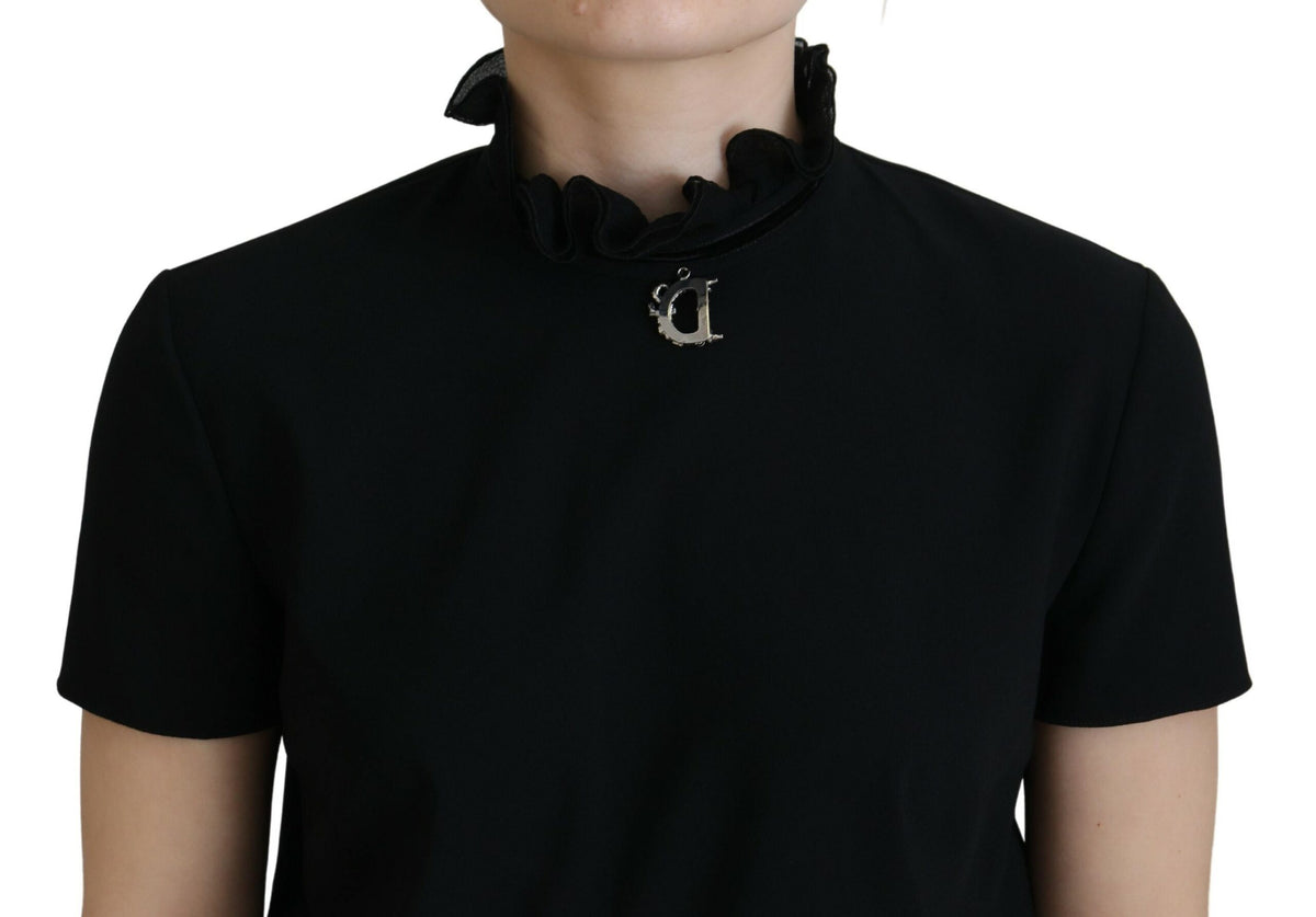 Elevate your elegance with the Dsquared² Black Polyester Short Sleeves Sheath Mini Dress, where exquisite silk lining and a form-fitting silhouette redefine sophistication.