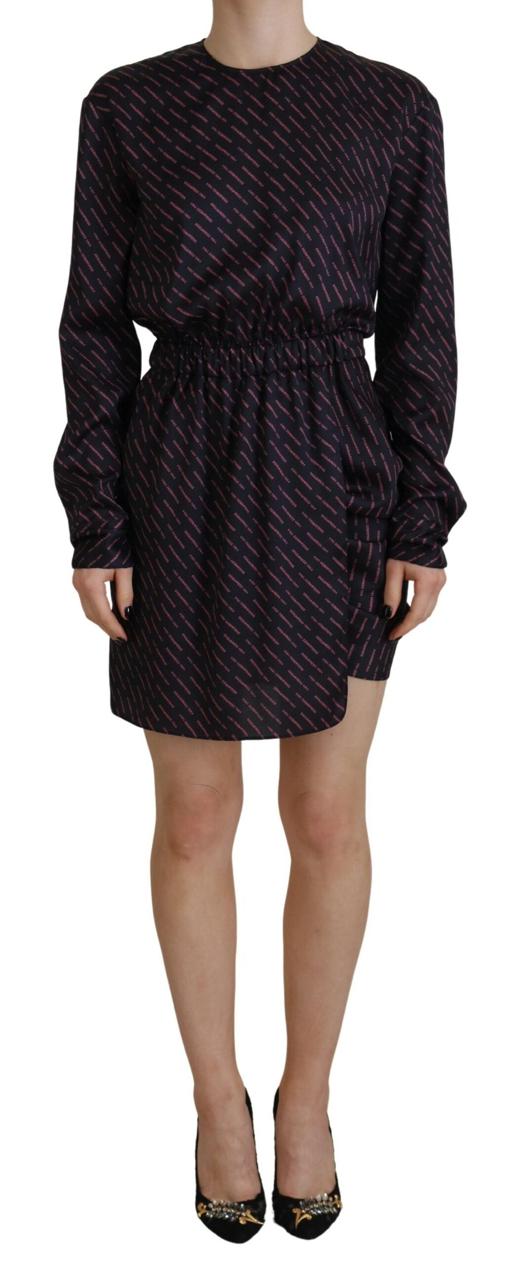Experience the allure of the Dsquared² Black Logo Print Long Sleeves A-line Mini Dress, crafted from premium polyester, embodying luxury and sophistication for the discerning individual.