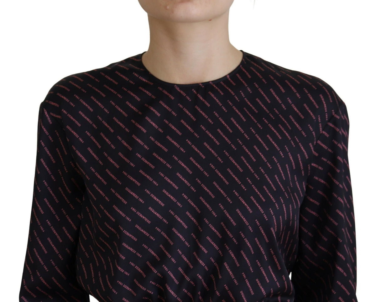 Elevate your wardrobe with the Dsquared² Black Logo Print Long Sleeves A-line Mini Dress, a masterpiece of premium polyester that embodies timeless elegance and modern allure.