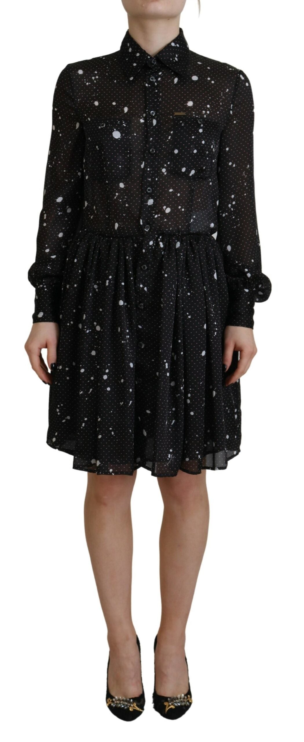 Discover the Dsquared² Black Polka Dot Long Sleeves Dress, a timeless piece crafted from luxurious polyester, embodying refined elegance and sophisticated allure for every occasion.