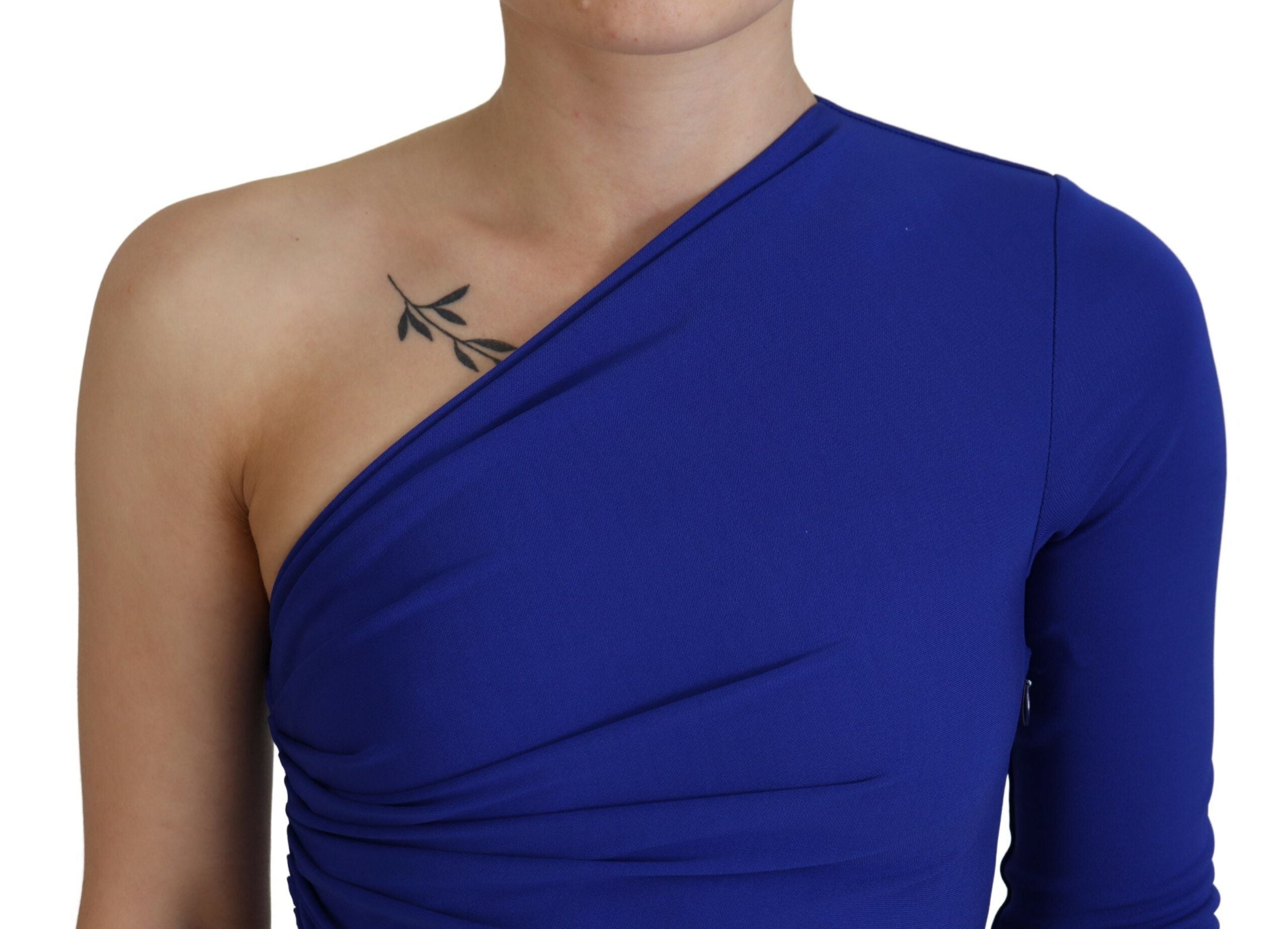 Elevate your allure with the Dsquared² Blue Viscose One Shoulder Bodycon Ruched Mini Dress, a masterpiece of luxury that embodies sophistication and sensuality.