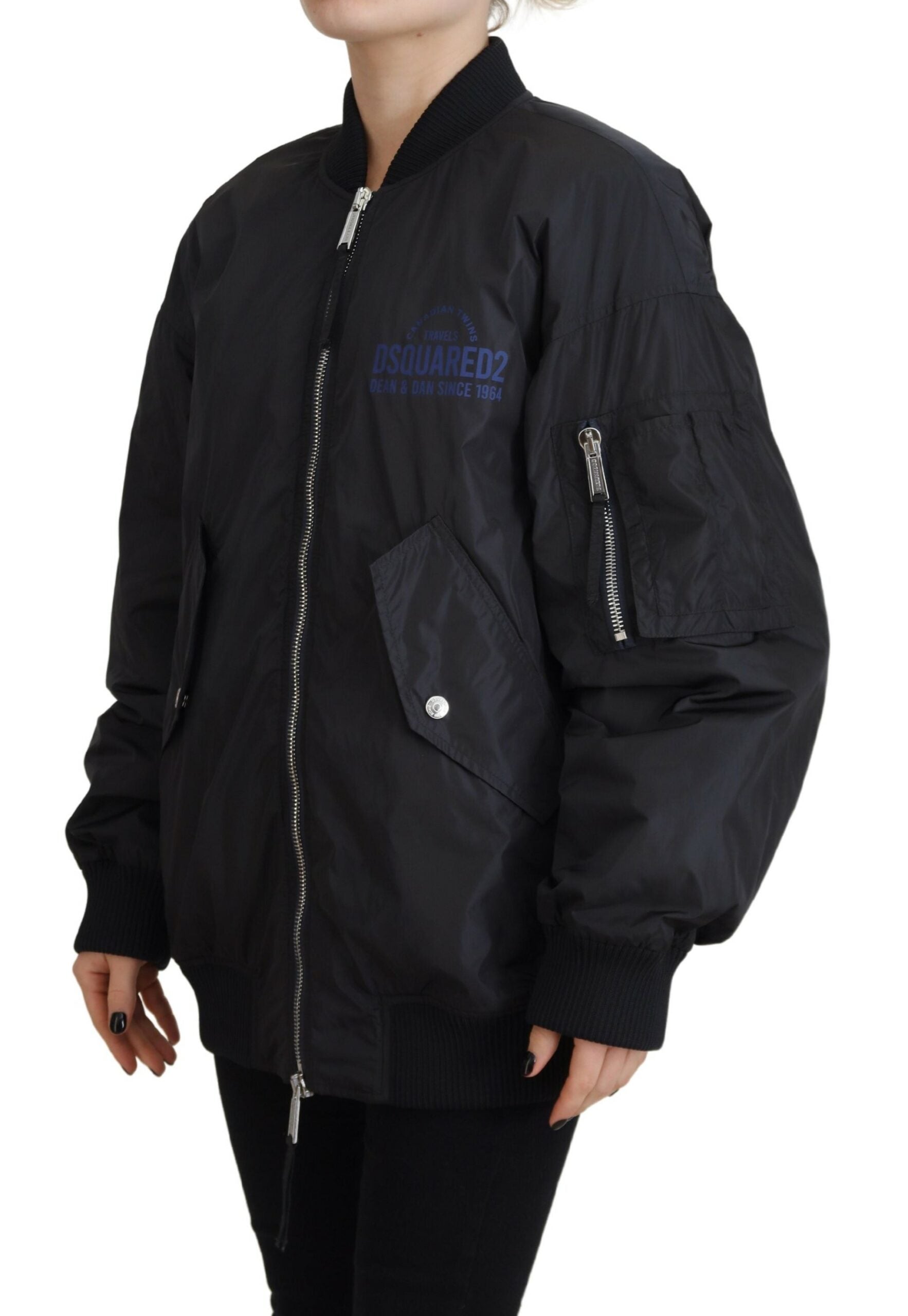Elevate your wardrobe with the Dsquared² Black Logo Print Full Zip Women Bomber Jacket, a masterpiece of Italian craftsmanship in luxurious nylon, embodying effortless sophistication.