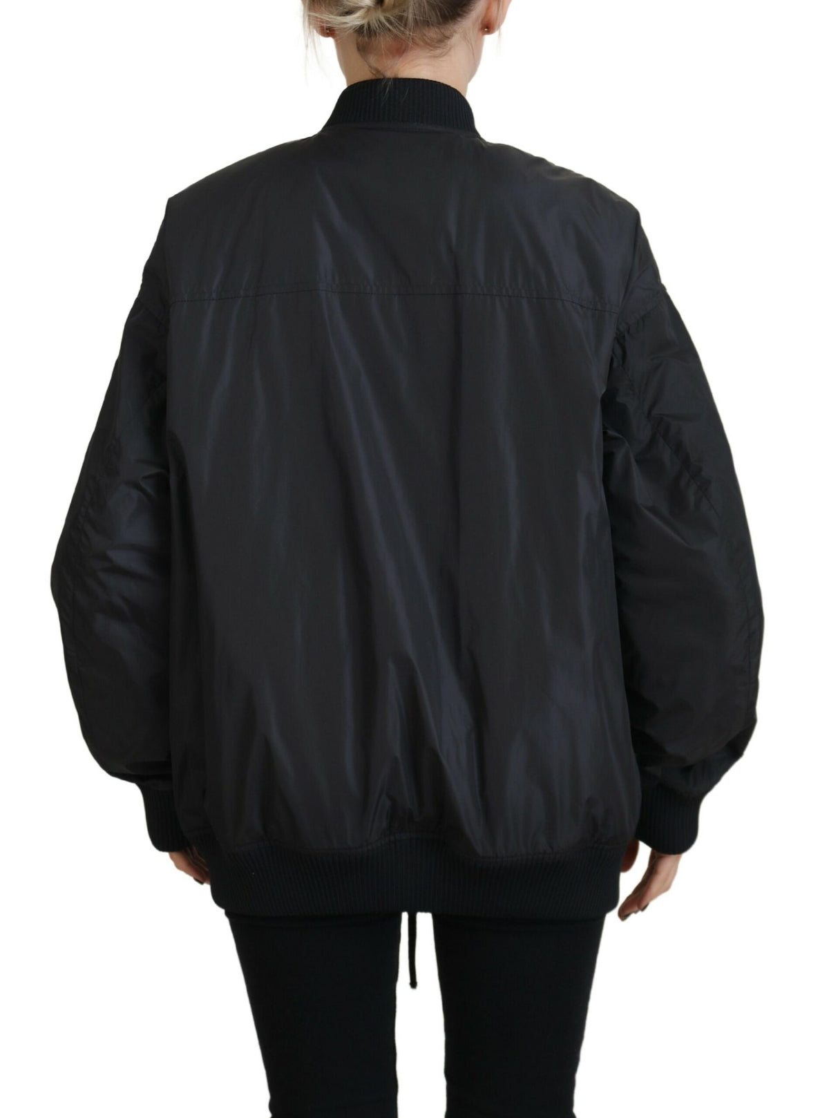 Elevate your wardrobe with the Dsquared² Black Logo Print Full Zip Women Bomber Jacket, a timeless blend of luxurious nylon and sophisticated craftsmanship, perfect for any occasion.