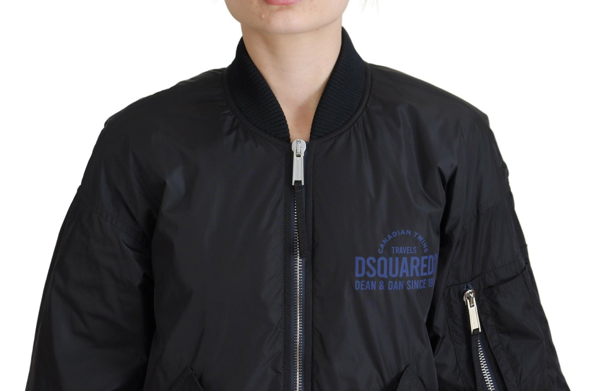 Elevate your wardrobe with the Dsquared² Black Logo Print Full Zip Women Bomber Jacket, a masterpiece of Italian craftsmanship in luxurious nylon, perfect for any occasion.