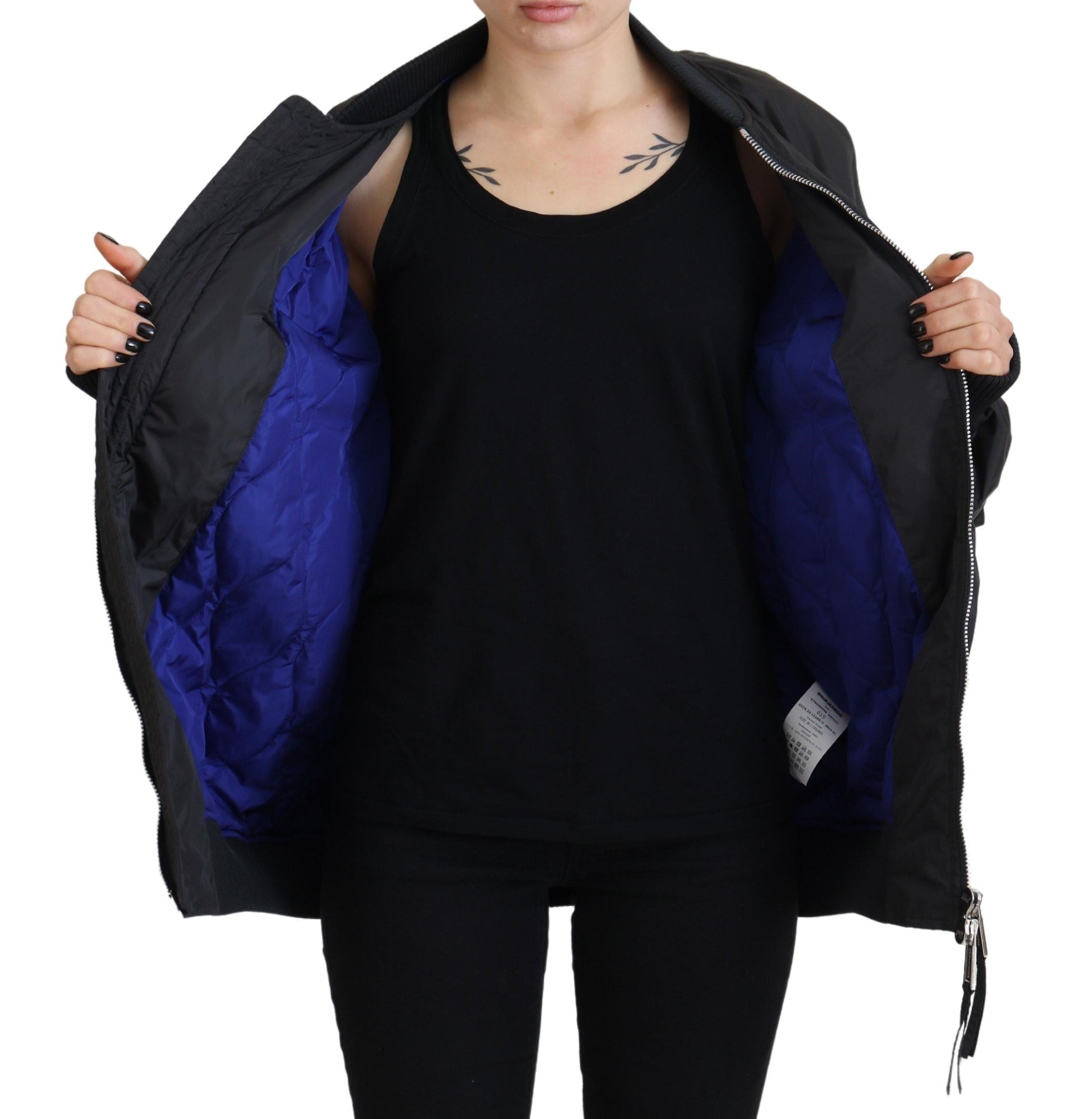 Experience the allure of the Dsquared² Black Logo Print Full Zip Women Bomber Jacket, a masterpiece in luxurious nylon, embodying sophistication and timeless elegance.