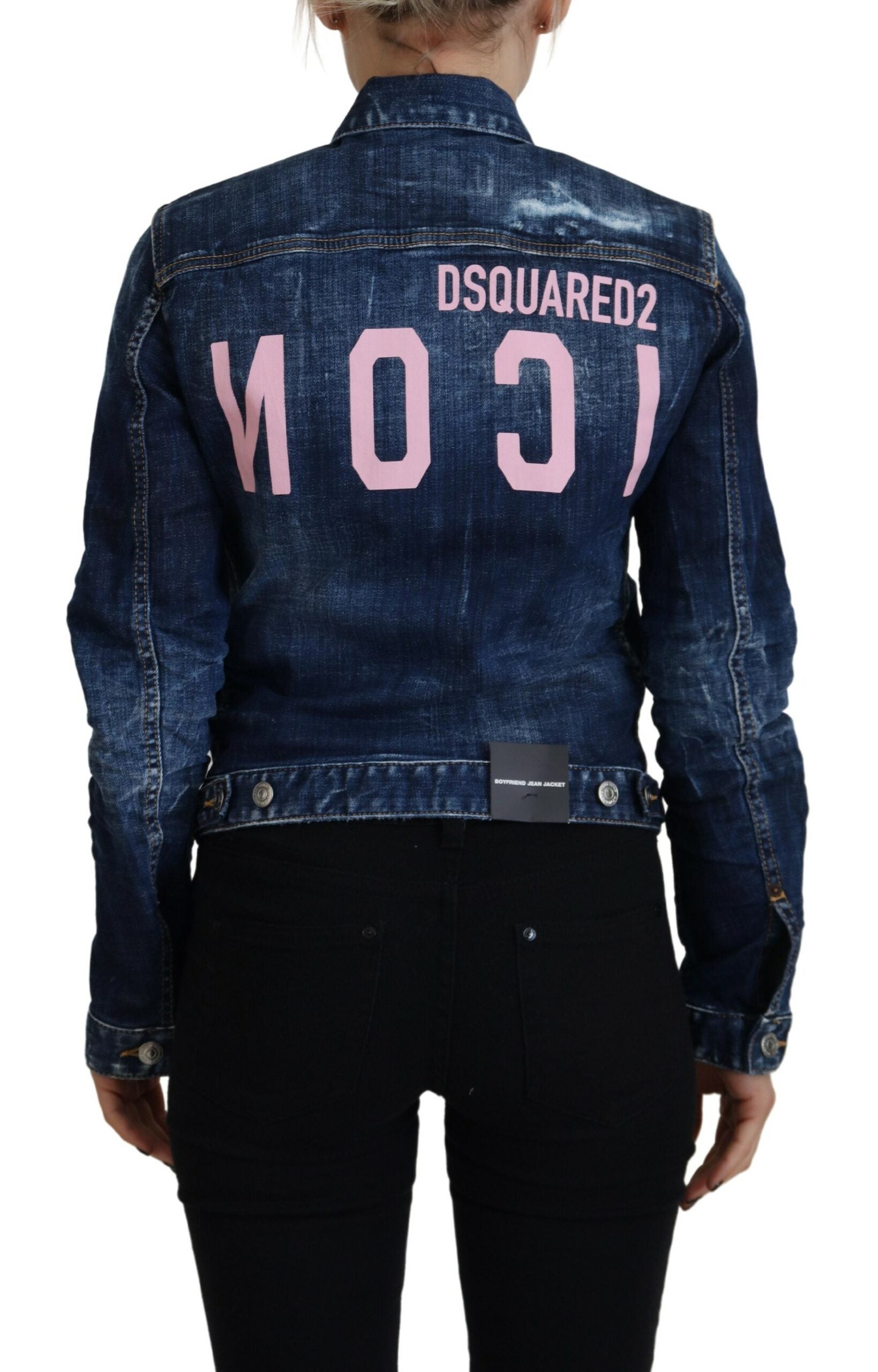 Indulge in the Dsquared² Blue Icon Printed Distressed Denim Jacket, a masterpiece of Italian craftsmanship that blends luxury with effortless style for the discerning individual.