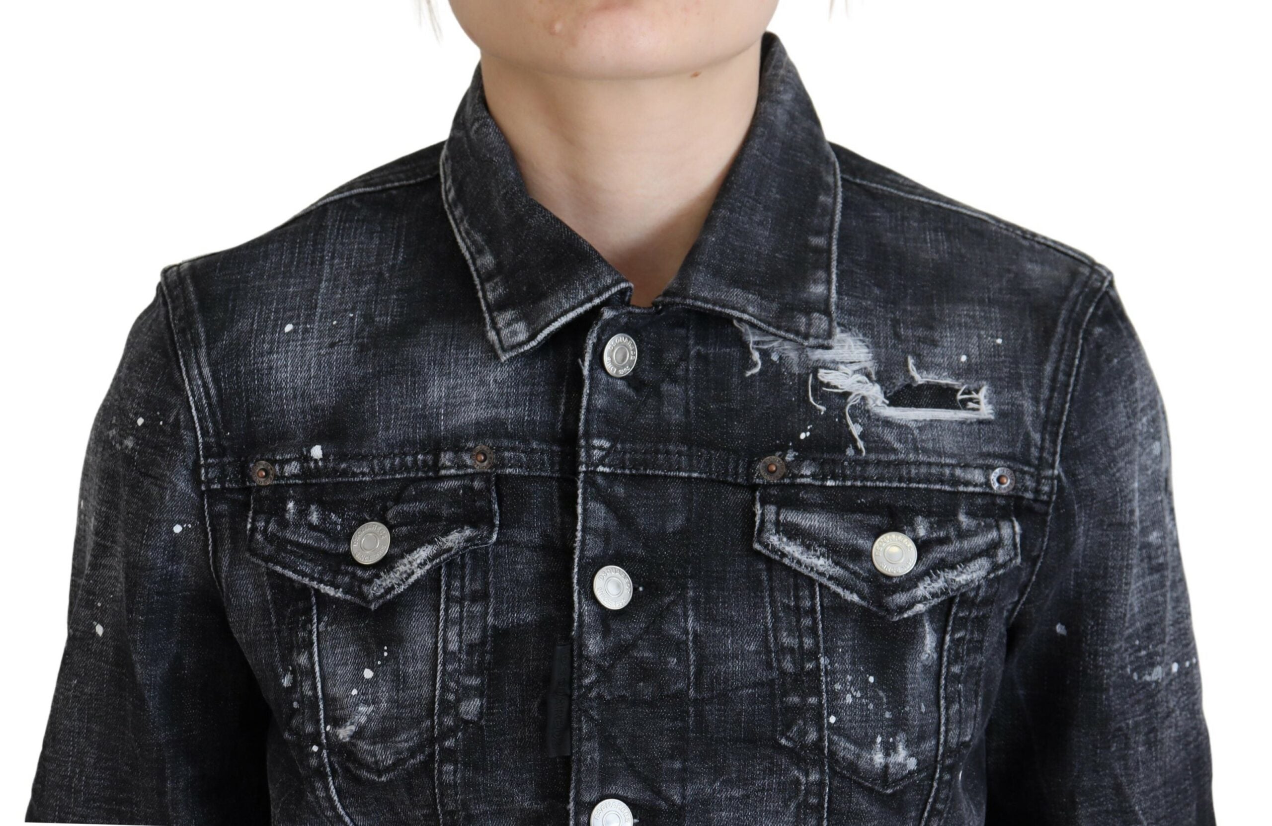 Elevate your wardrobe with the Dsquared² Gray Washed Cotton Distressed Denim Jacket, a luxurious blend of artisanal craftsmanship and contemporary style, perfect for any occasion.