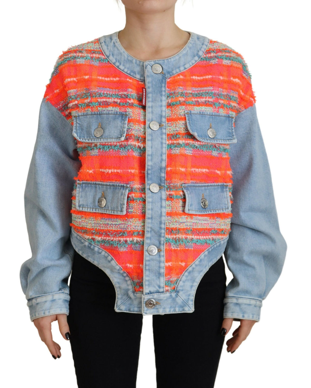 Discover the Dsquared² Orange Blue Panelled Button Front Denim Jacket, a luxurious blend of exquisite materials, embodying timeless elegance and sophisticated style for the discerning individual.