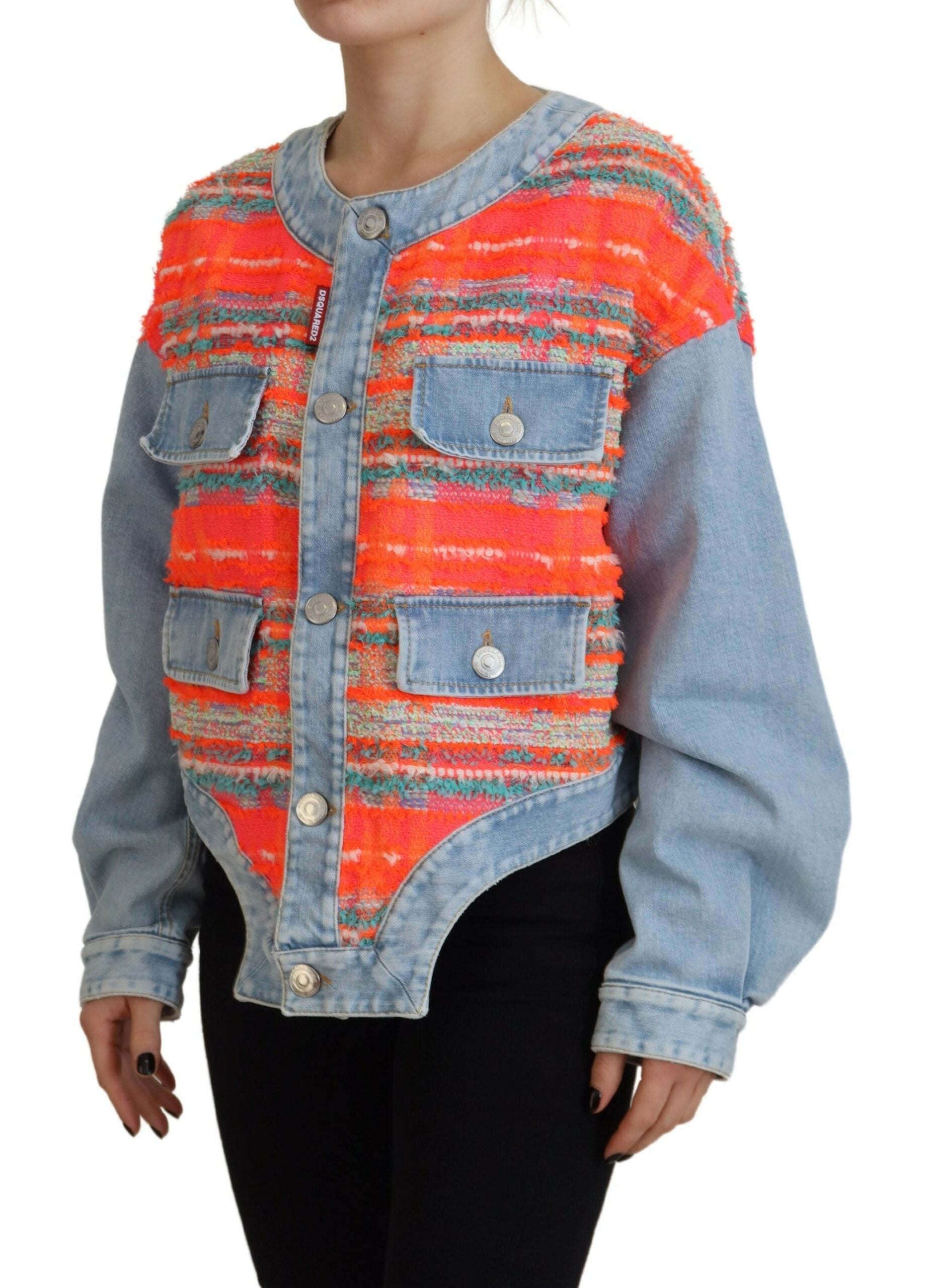 Discover the Dsquared² Orange Blue Panelled Button Front Denim Jacket, a masterpiece of Italian craftsmanship, blending luxurious materials for timeless elegance.