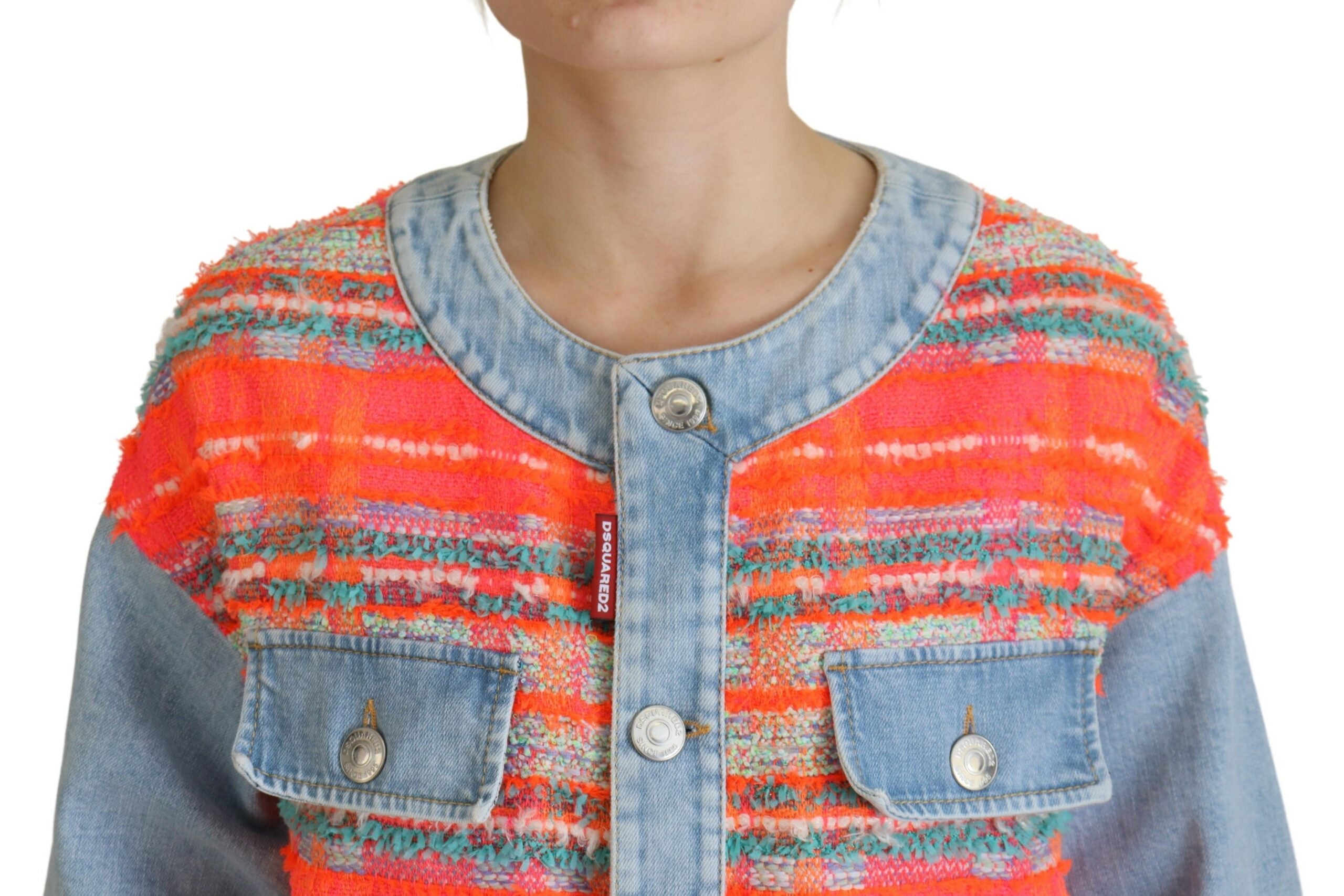 Indulge in the exquisite Dsquared² Orange Blue Panelled Button Front Denim Jacket, a masterpiece of Italian craftsmanship, blending luxurious materials for timeless elegance.
