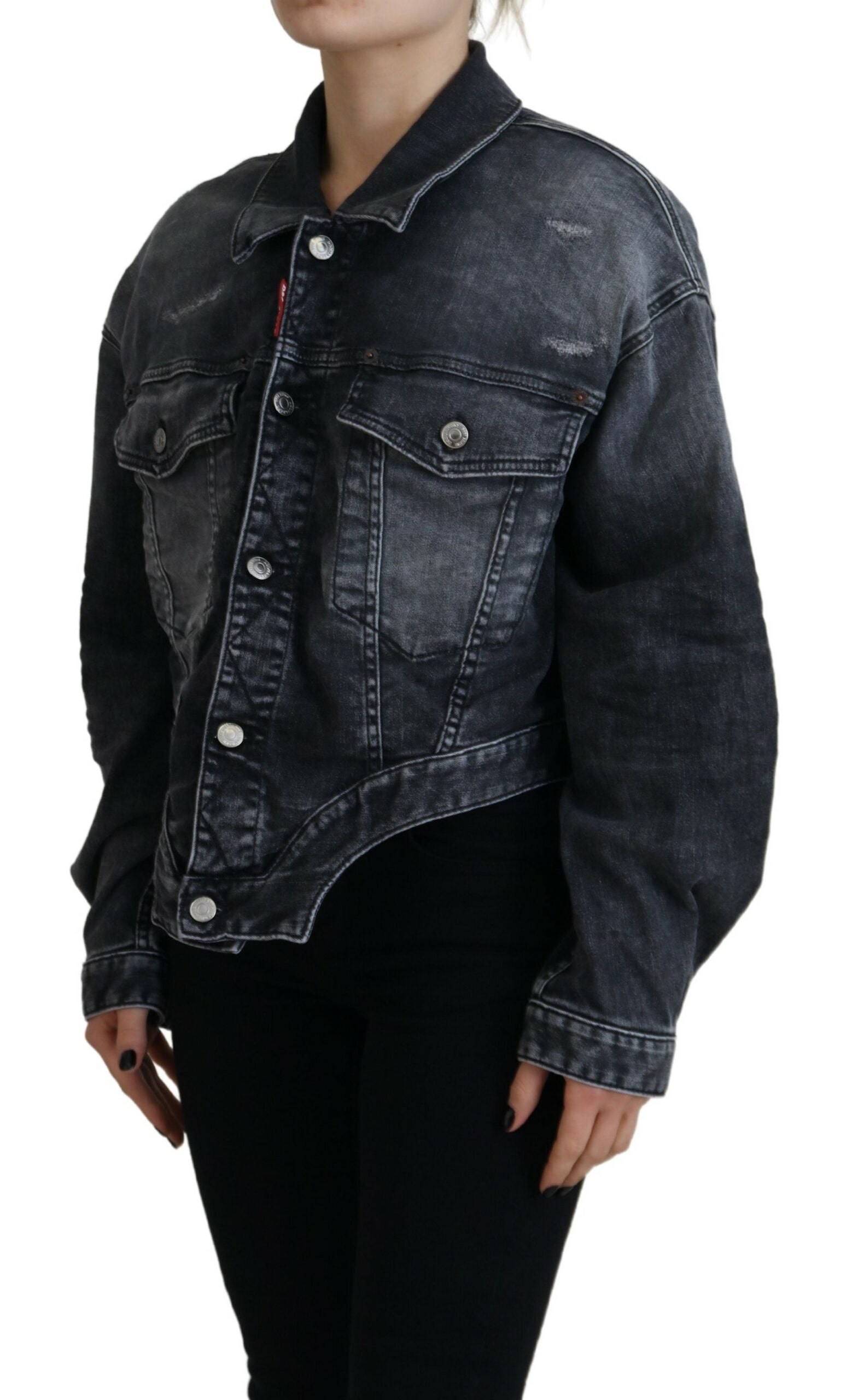 Discover the Dsquared² Gray Washed Cotton Cropped Denim Jacket, a handcrafted masterpiece in luxurious cotton blend, redefining elegance for the discerning individual.