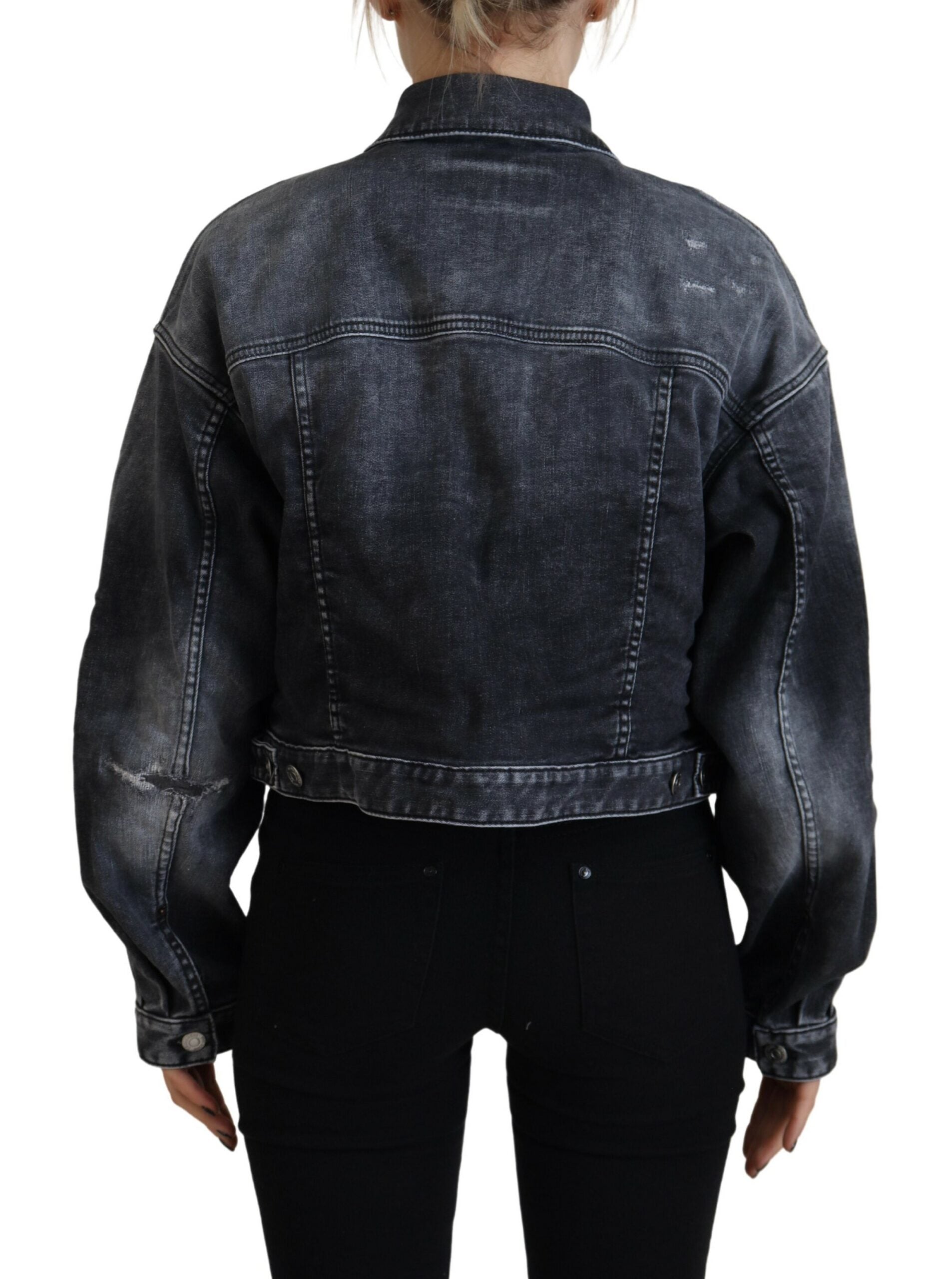 Elevate your style with the Dsquared² Gray Washed Cotton Cropped Denim Jacket, a handcrafted masterpiece that embodies luxury, sophistication, and timeless elegance.