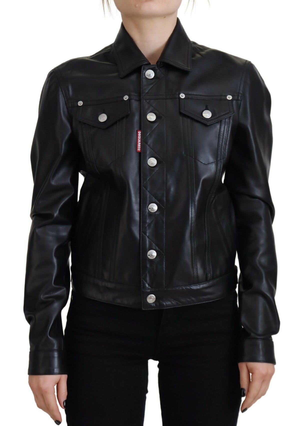 Indulge in the timeless allure of the Dsquared² Black Leather Collared Long Sleeves Jacket, crafted from 100% authentic leather for a sophisticated statement that transcends trends.
