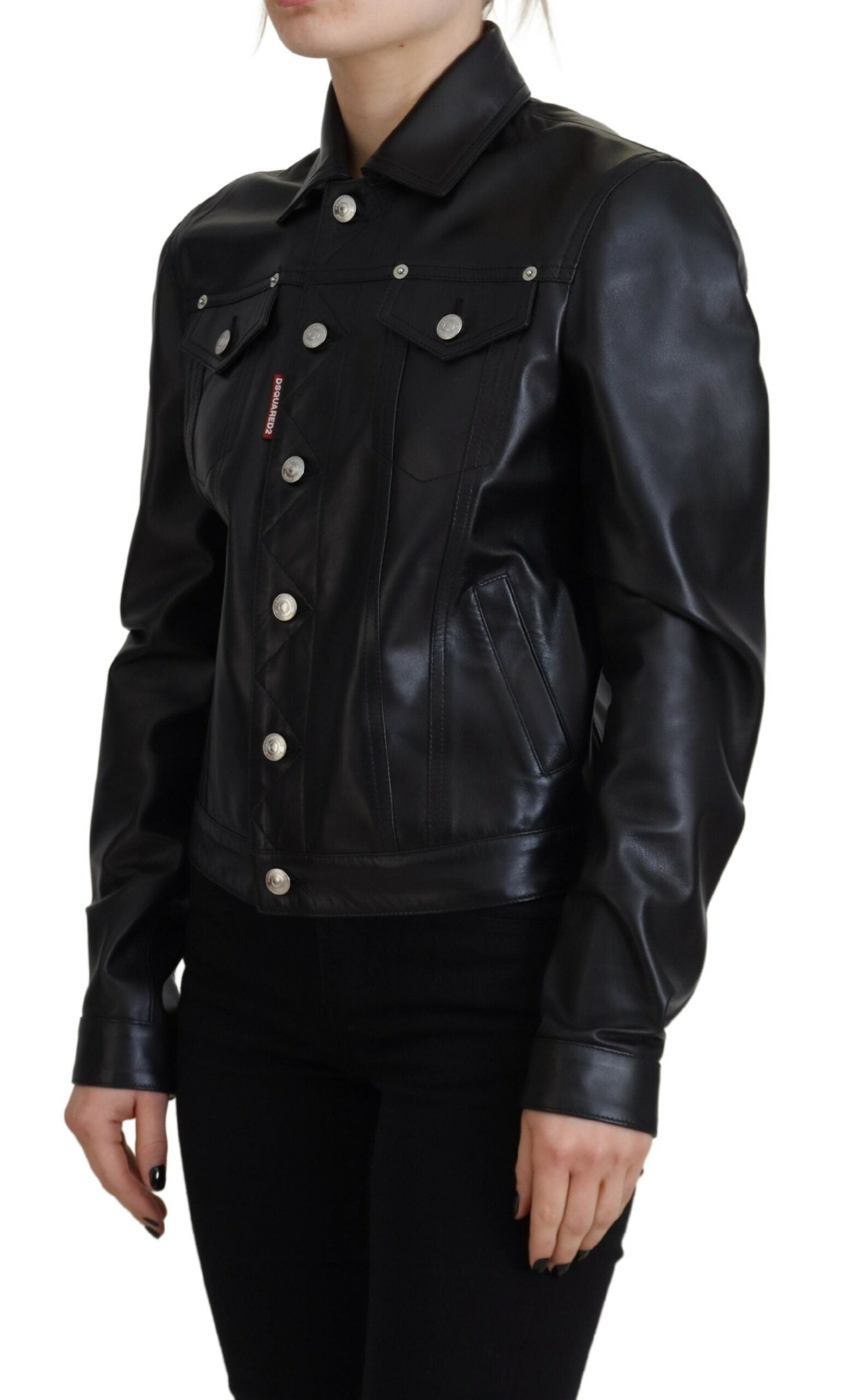 Indulge in the timeless elegance of the Dsquared² Black Leather Collared Long Sleeves Jacket, crafted from 100% authentic leather for a sophisticated allure that elevates any ensemble.