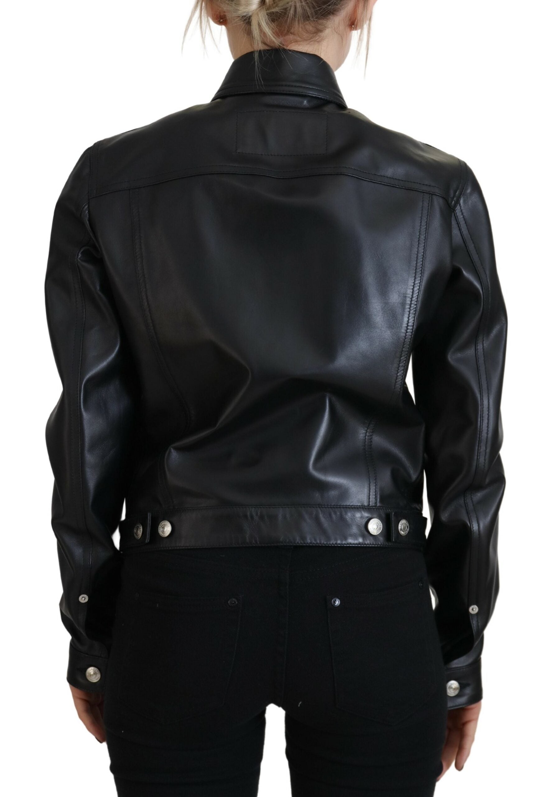 Indulge in the timeless elegance of the Dsquared² Black Leather Collared Long Sleeves Jacket, crafted from 100% authentic leather for a sophisticated allure that transcends trends.
