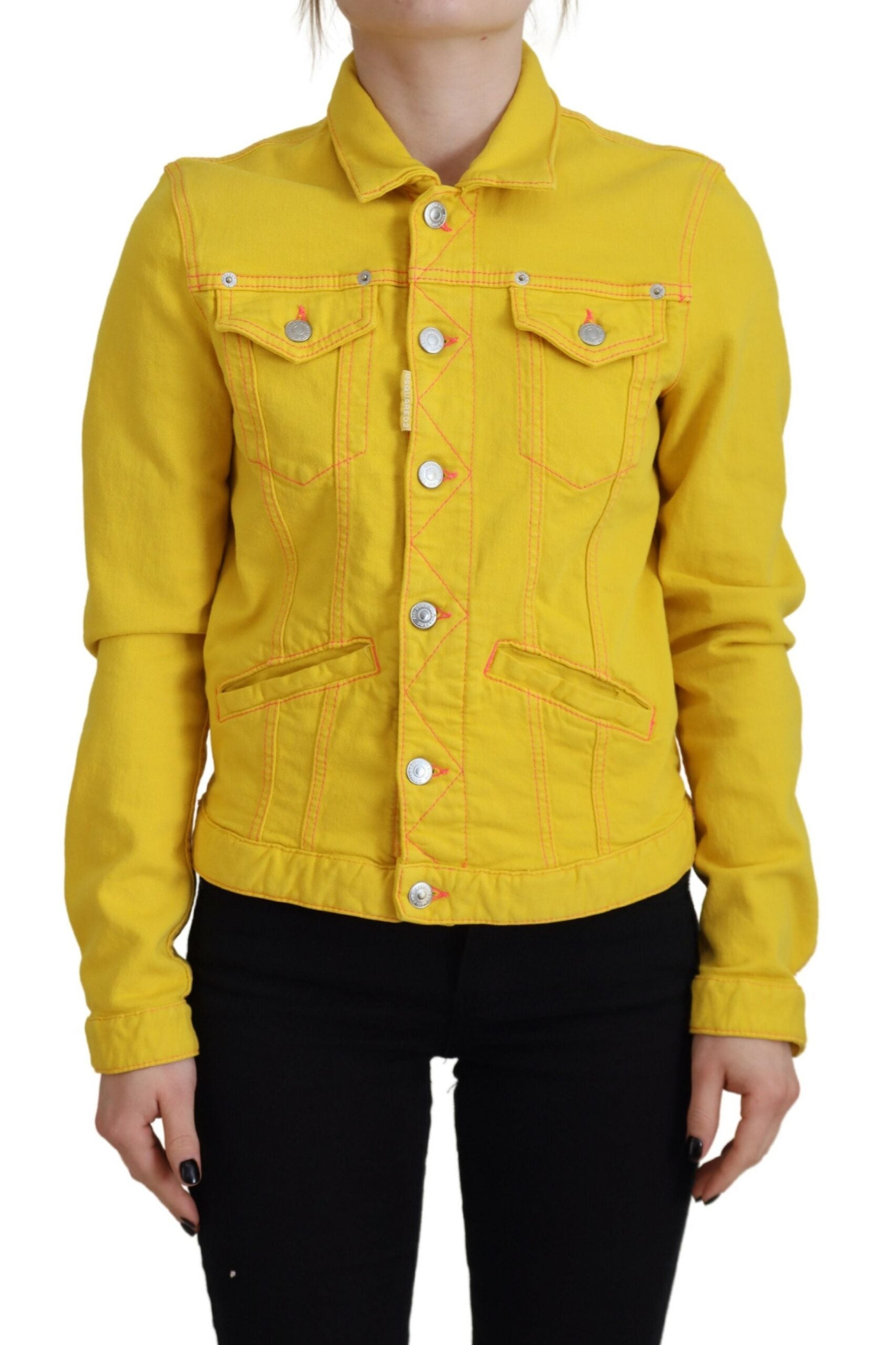 Elevate your wardrobe with the Dsquared² Yellow Collared Long Sleeves Denim Jacket, a masterpiece of Italian craftsmanship in a luxurious cotton blend, perfect for the discerning individual.