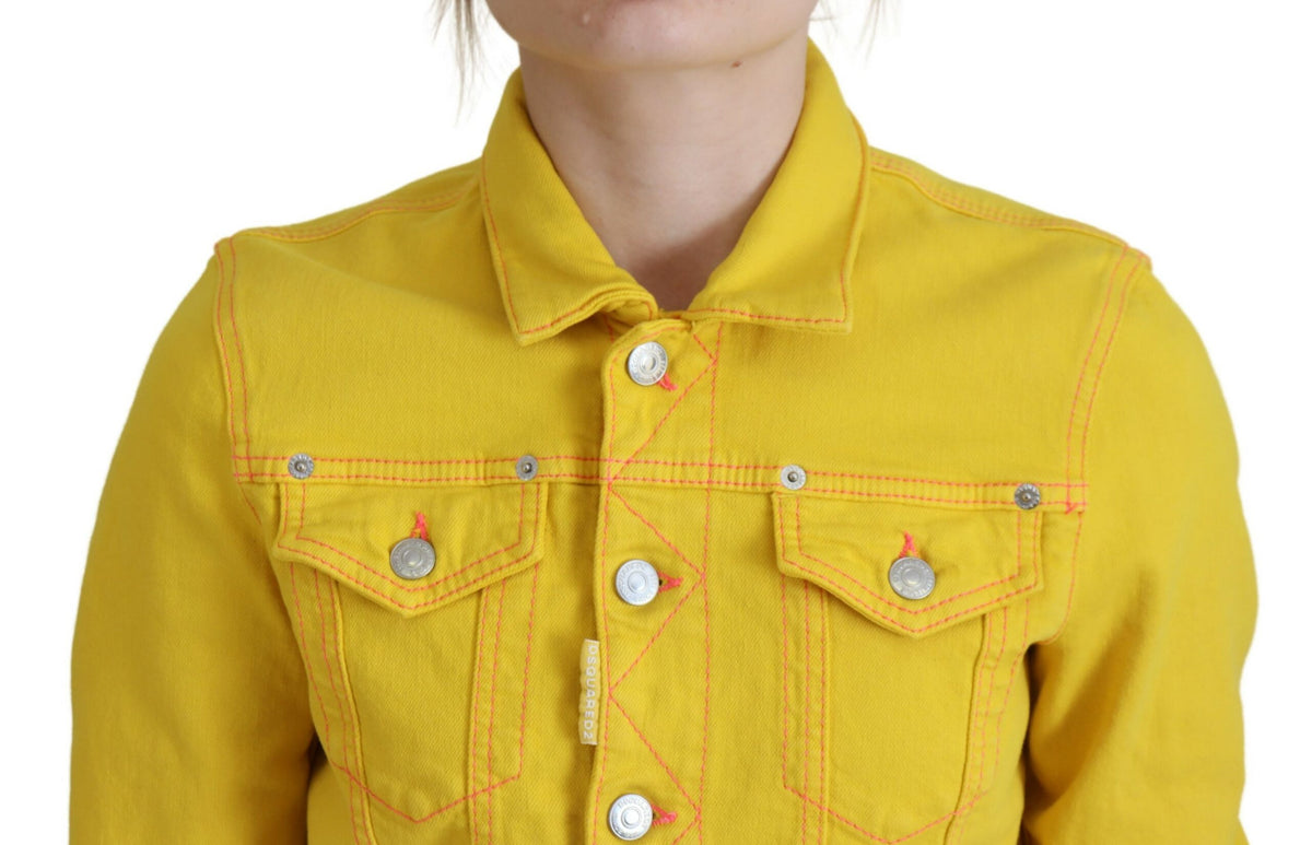 Elevate your wardrobe with the Dsquared² Yellow Collared Long Sleeves Denim Jacket, a masterpiece of Italian craftsmanship in a luxurious cotton blend, perfect for the discerning individual.