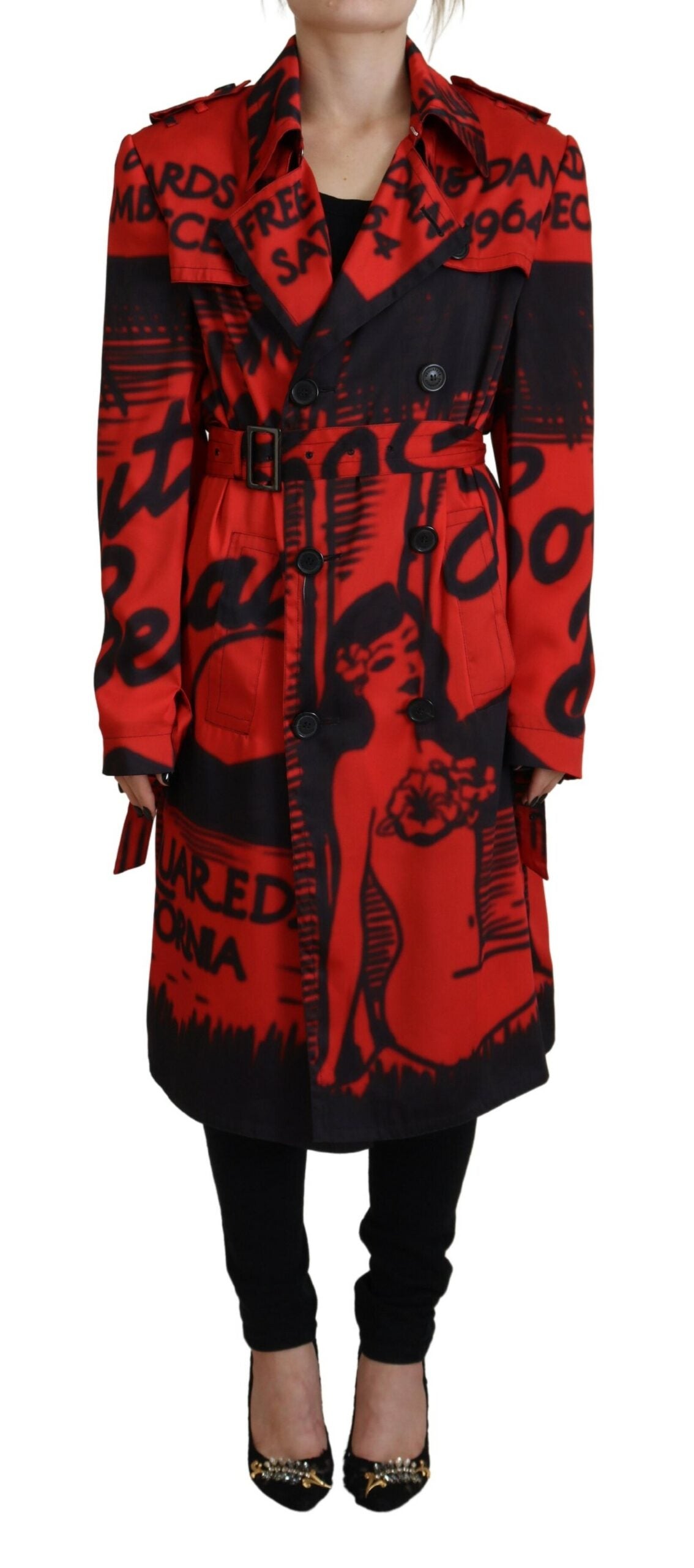 Indulge in the exquisite Dsquared² Red Printed Button Collared Desigual Coat, a luxurious blend of artistry and elegance, meticulously crafted in Italy from premium polyester.
