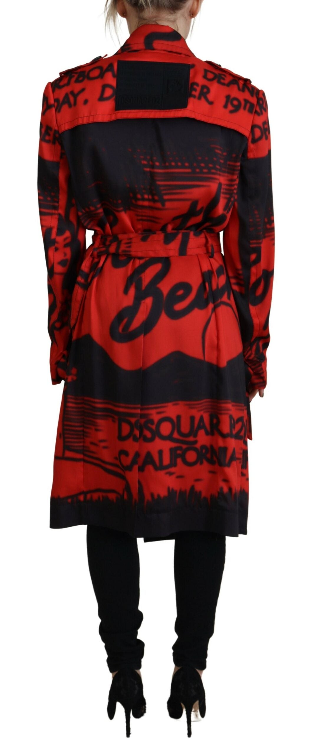 Indulge in the exquisite Dsquared² Red Printed Button Collared Desigual Coat, a luxurious statement piece crafted in Italy from premium polyester, embodying timeless elegance and artistry.