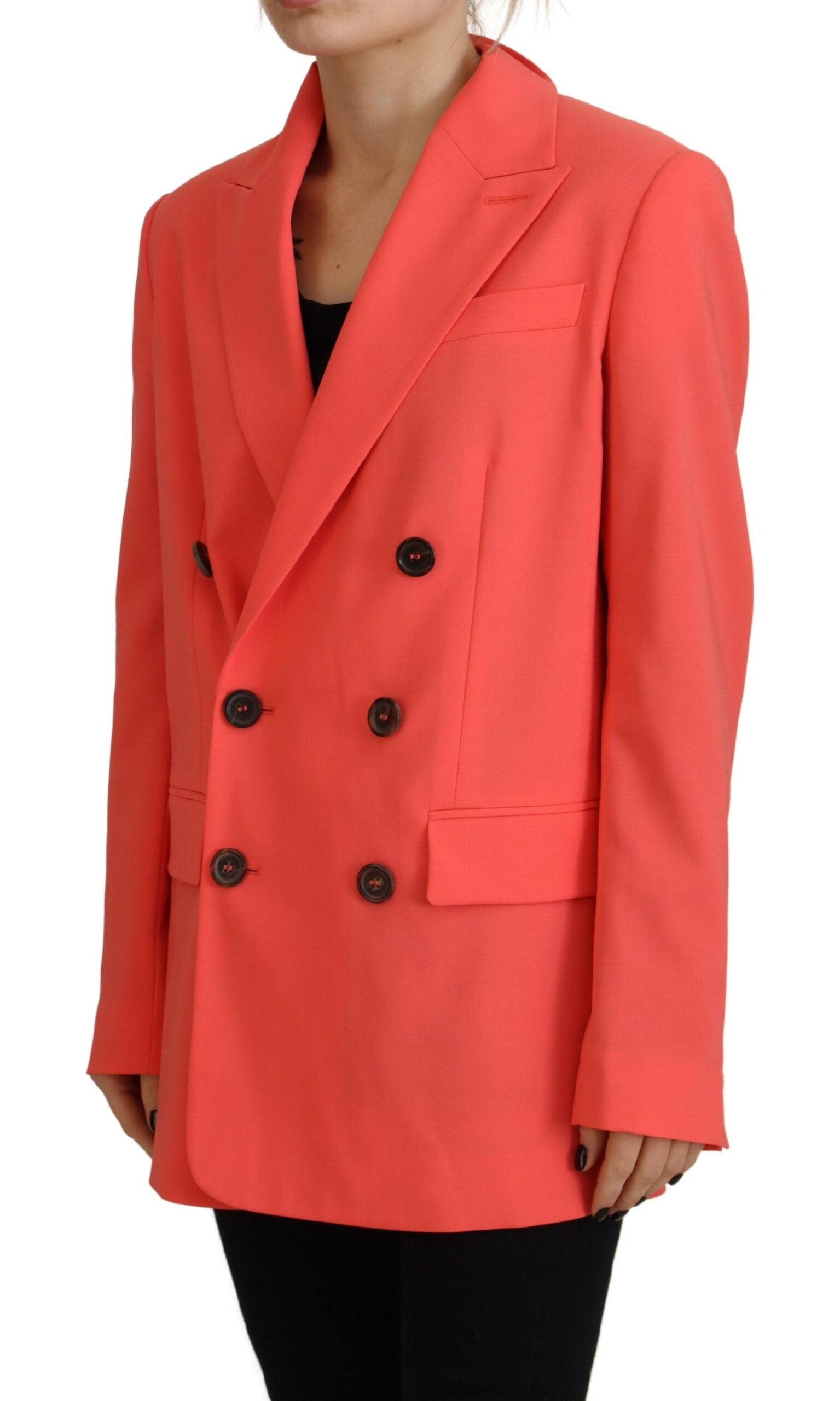 Elevate your wardrobe with the Dsquared² Pink Double Breasted Coat Blazer Jacket, a masterpiece of Italian craftsmanship blending luxurious virgin wool and polyester for timeless elegance.