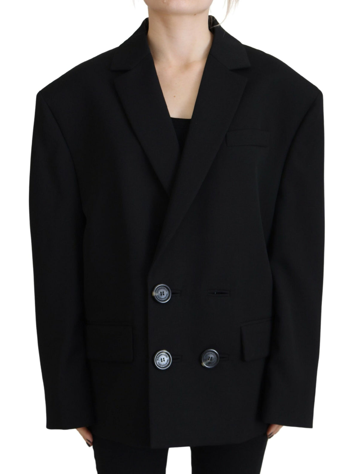 Experience the allure of the Dsquared² Black Double Breasted Coat Blazer Jacket, crafted from 100% virgin wool, embodying timeless elegance and Italian craftsmanship for the discerning individual.