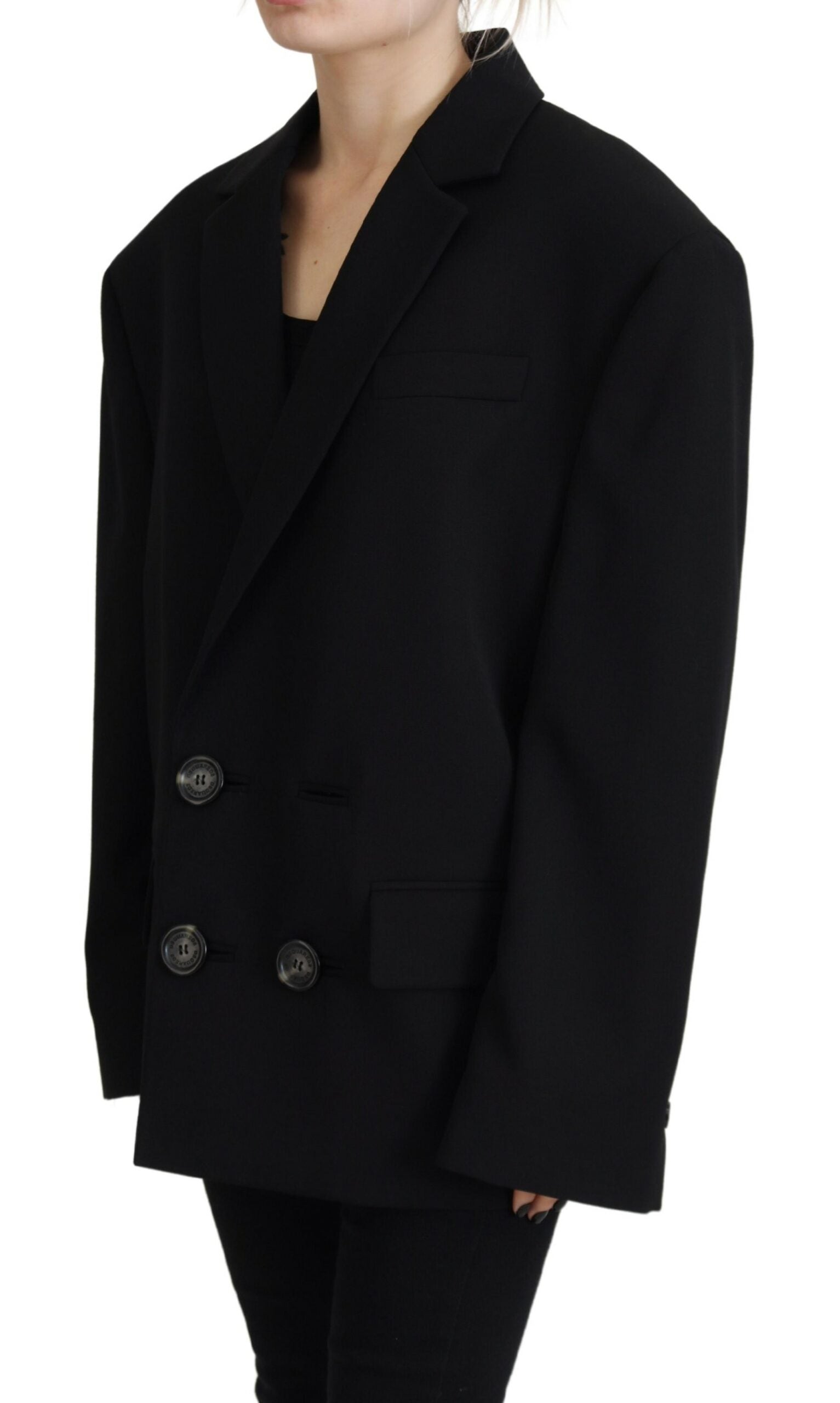 Indulge in the elegance of the Dsquared² Black Double Breasted Coat Blazer Jacket, crafted from 100% virgin wool, embodying luxury and sophistication for every occasion.