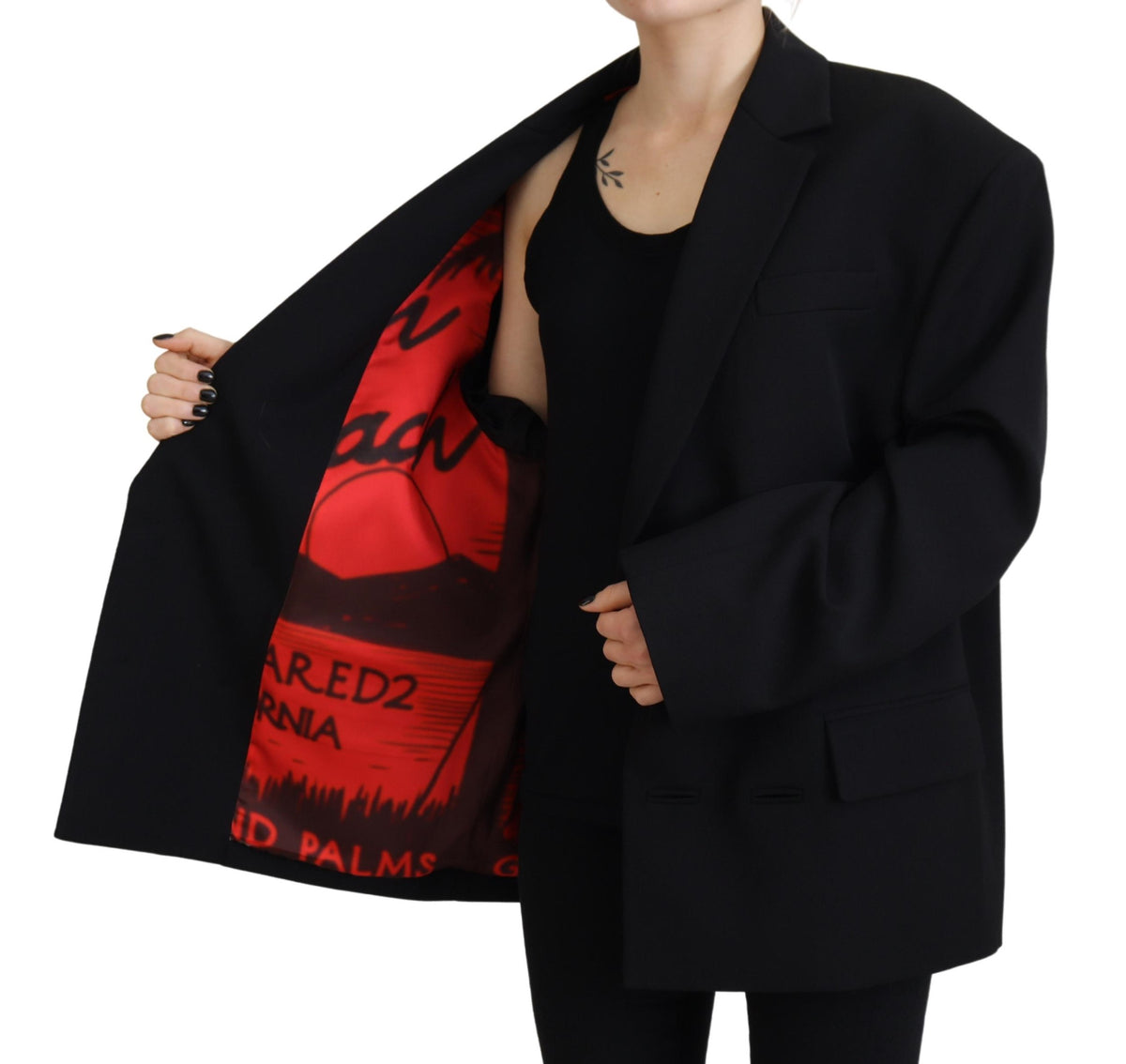 Discover the Dsquared² Black Double Breasted Coat Blazer Jacket, crafted from 100% virgin wool, where Italian craftsmanship meets timeless elegance for the discerning individual.
