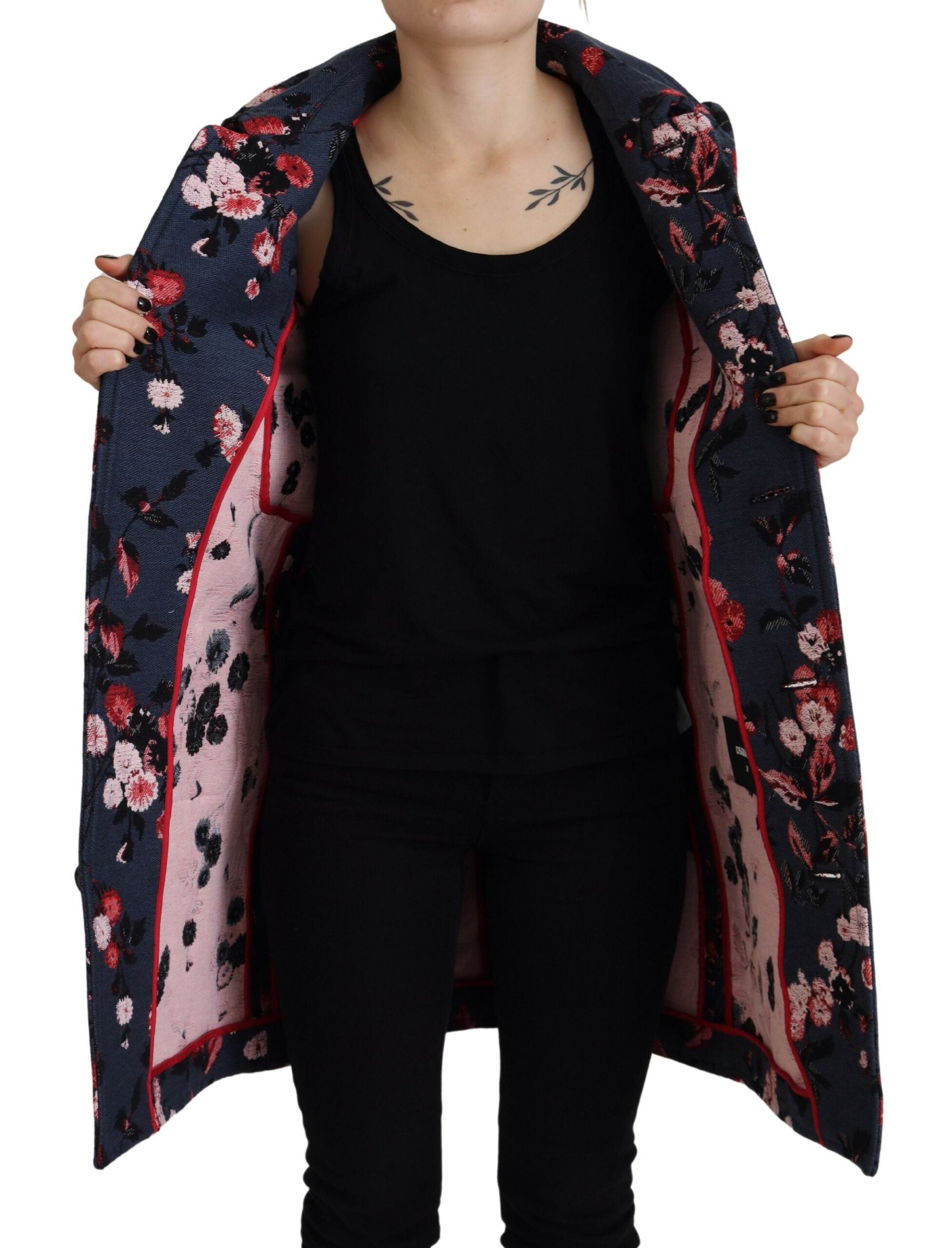 Elevate your wardrobe with the Dsquared² Multicolor Printed Women Long Coat Blazer Jacket, a masterpiece of Italian craftsmanship in luxurious cotton and polyester that embodies sophistication and artistic expression.